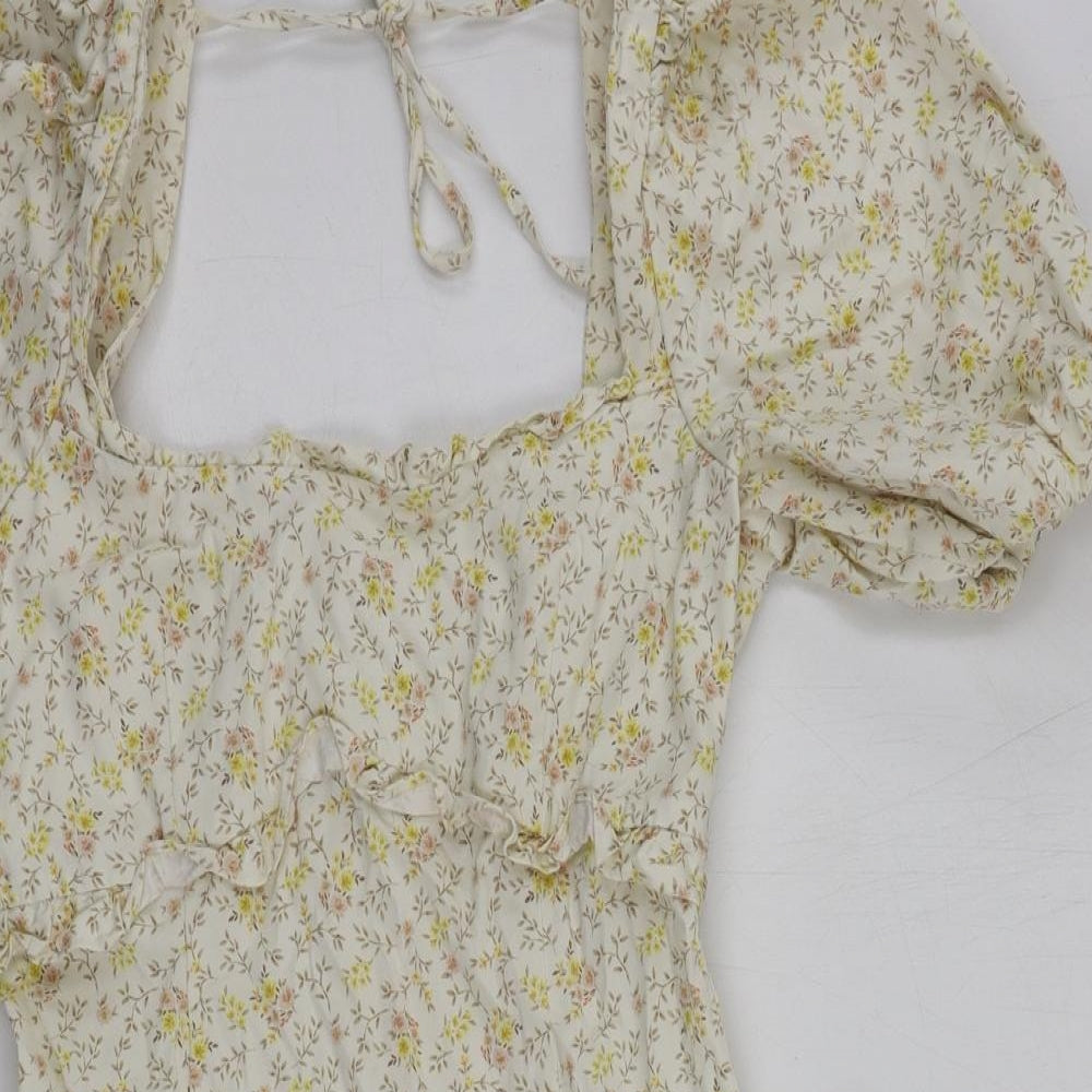 Womens Topshop Size 10 UK '' Mini Dress Beige Floral Short Square Neck - close detail