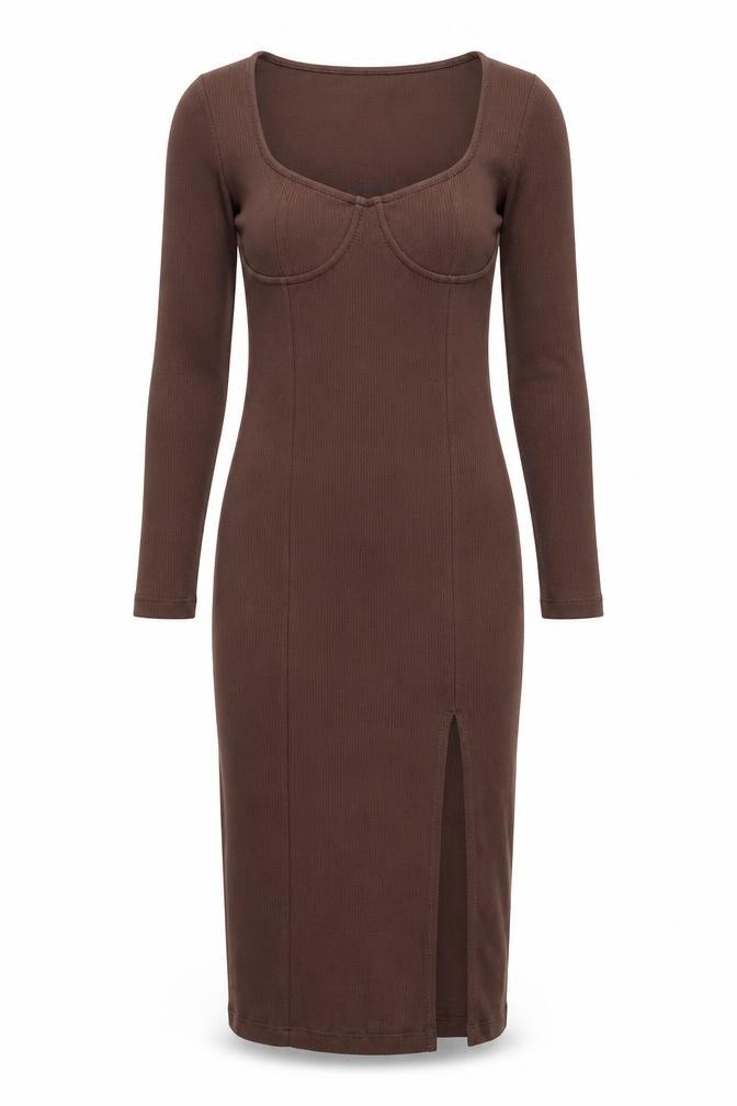 Brave Soul Womens Bodycon Dress Size S UK '' Brown Midi Square Neck Side Slit - front view