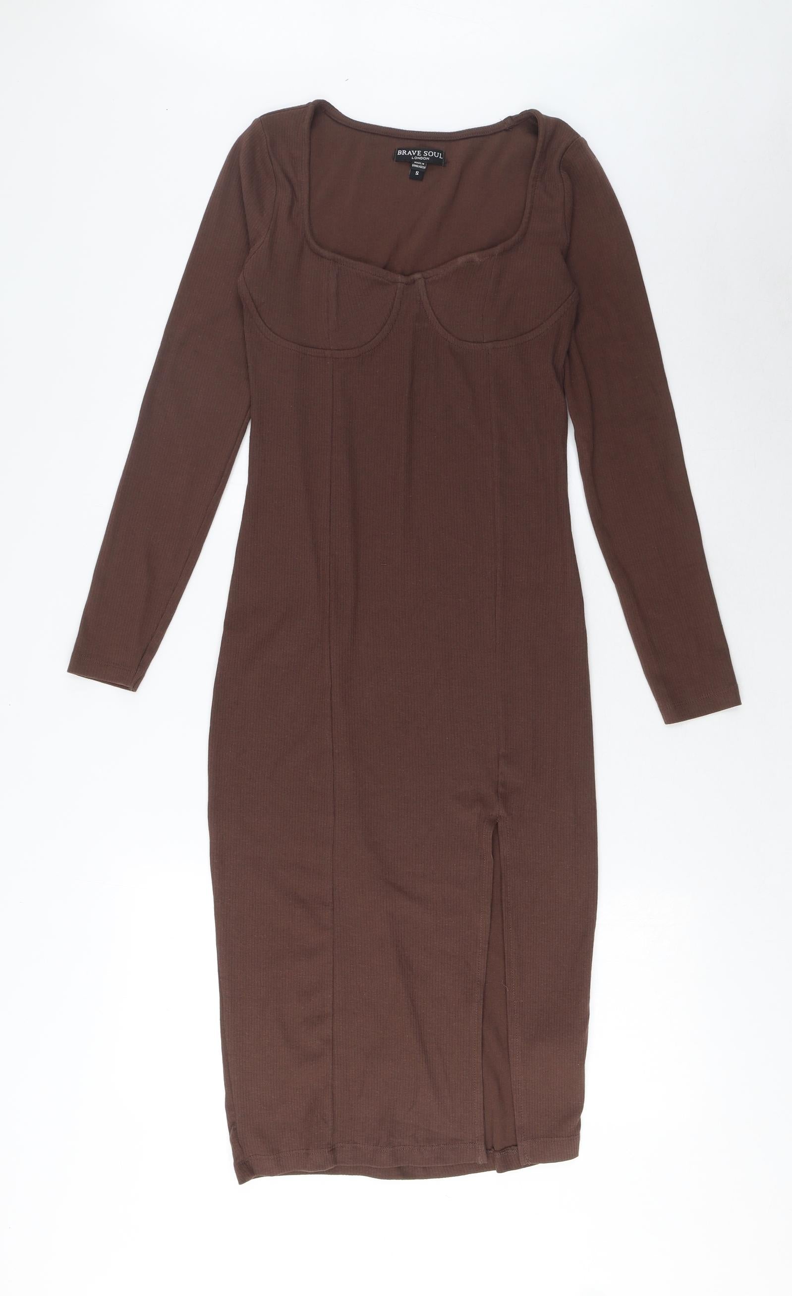 Brave Soul Womens Bodycon Dress Size S UK '' Brown Midi Square Neck Side Slit - reverse view