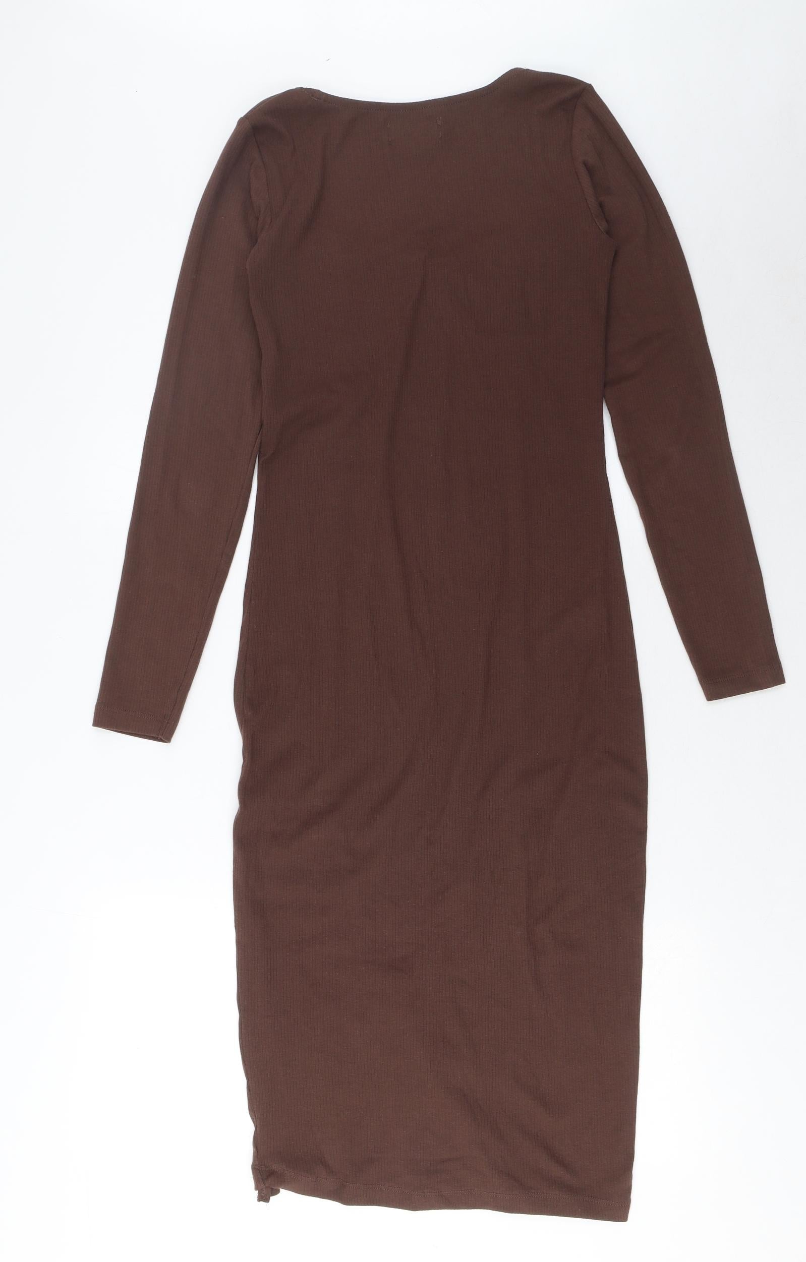 Brave Soul Womens Bodycon Dress Size S UK '' Brown Midi Square Neck Side Slit - label detail