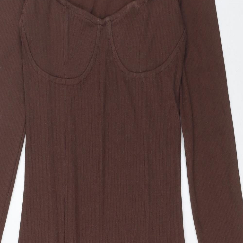 Brave Soul Womens Bodycon Dress Size S UK '' Brown Midi Square Neck Side Slit - close detail