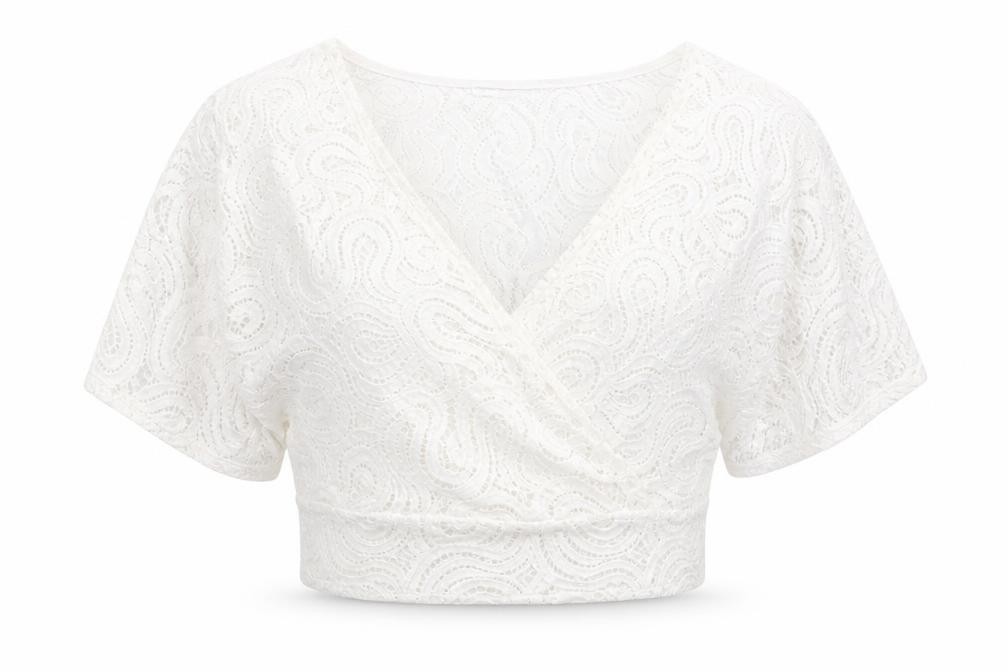 Zara Womens Cropped Blouse Size L White Solid V-Neck Short Sleeve Casual - front view