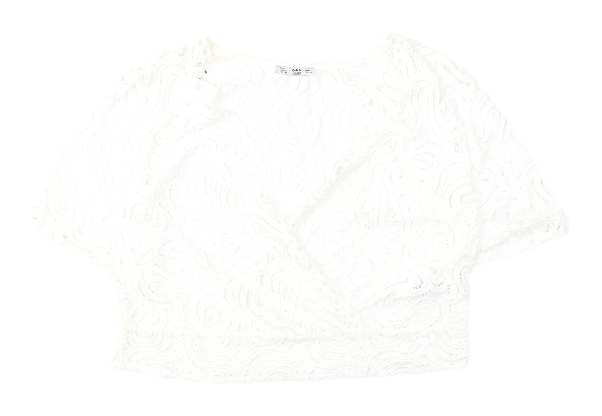 Zara Womens Cropped Blouse Size L White Solid V-Neck Short Sleeve Casual - reverse view