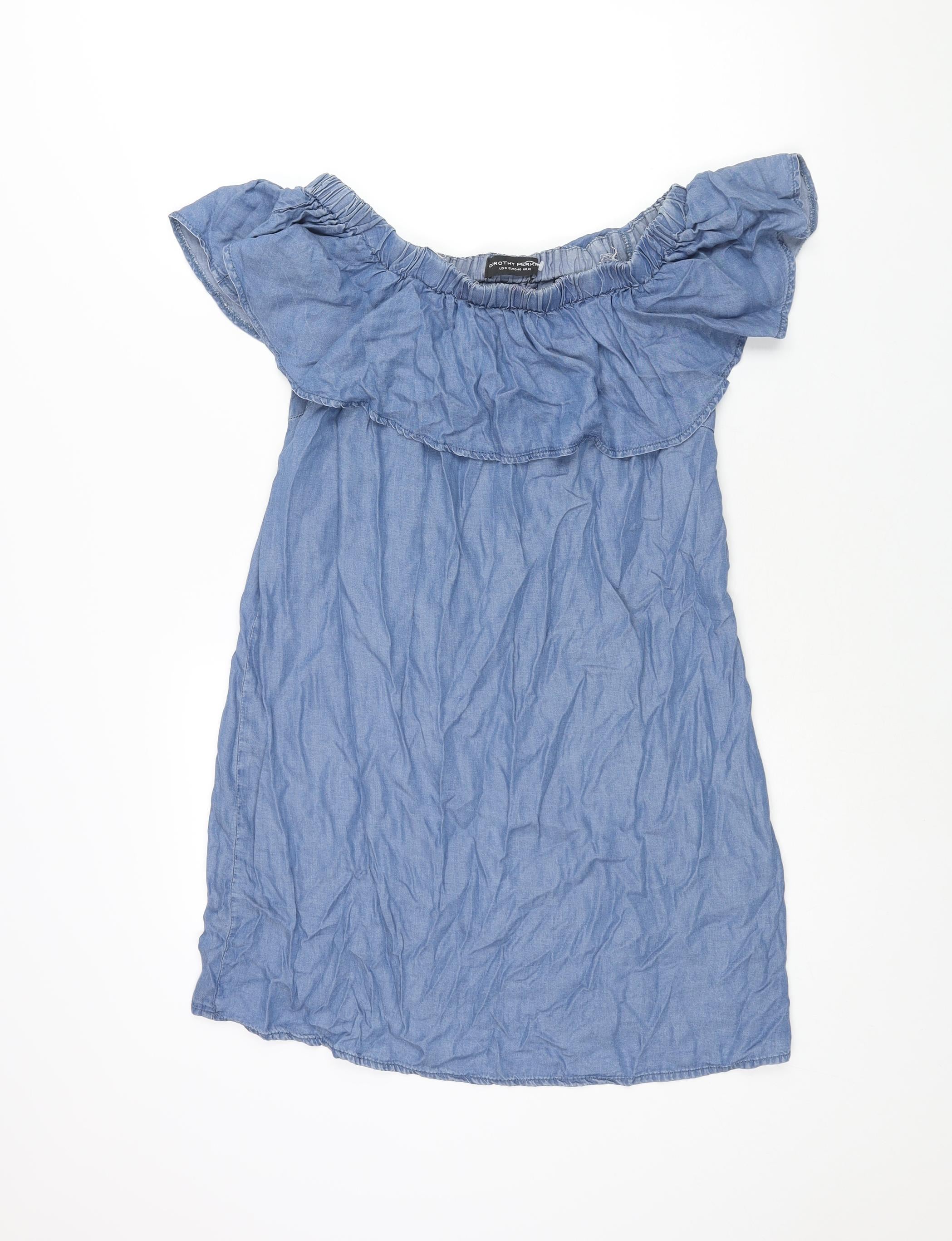 Womens Dorothy Perkins Size 12 UK '' Shift Dress Blue Short Off the Shoulder - reverse view
