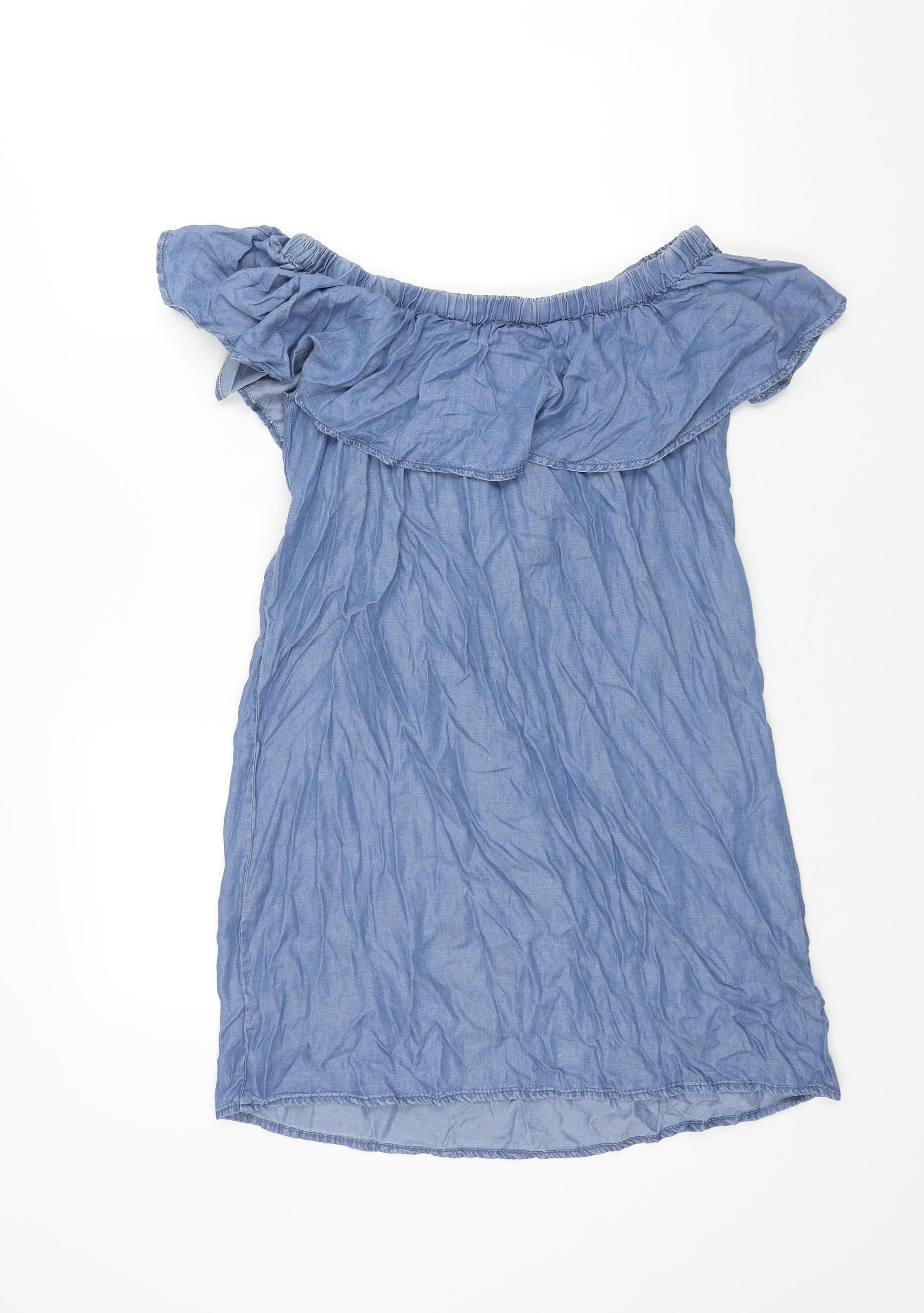 Womens Dorothy Perkins Size 12 UK '' Shift Dress Blue Short Off the Shoulder - label detail
