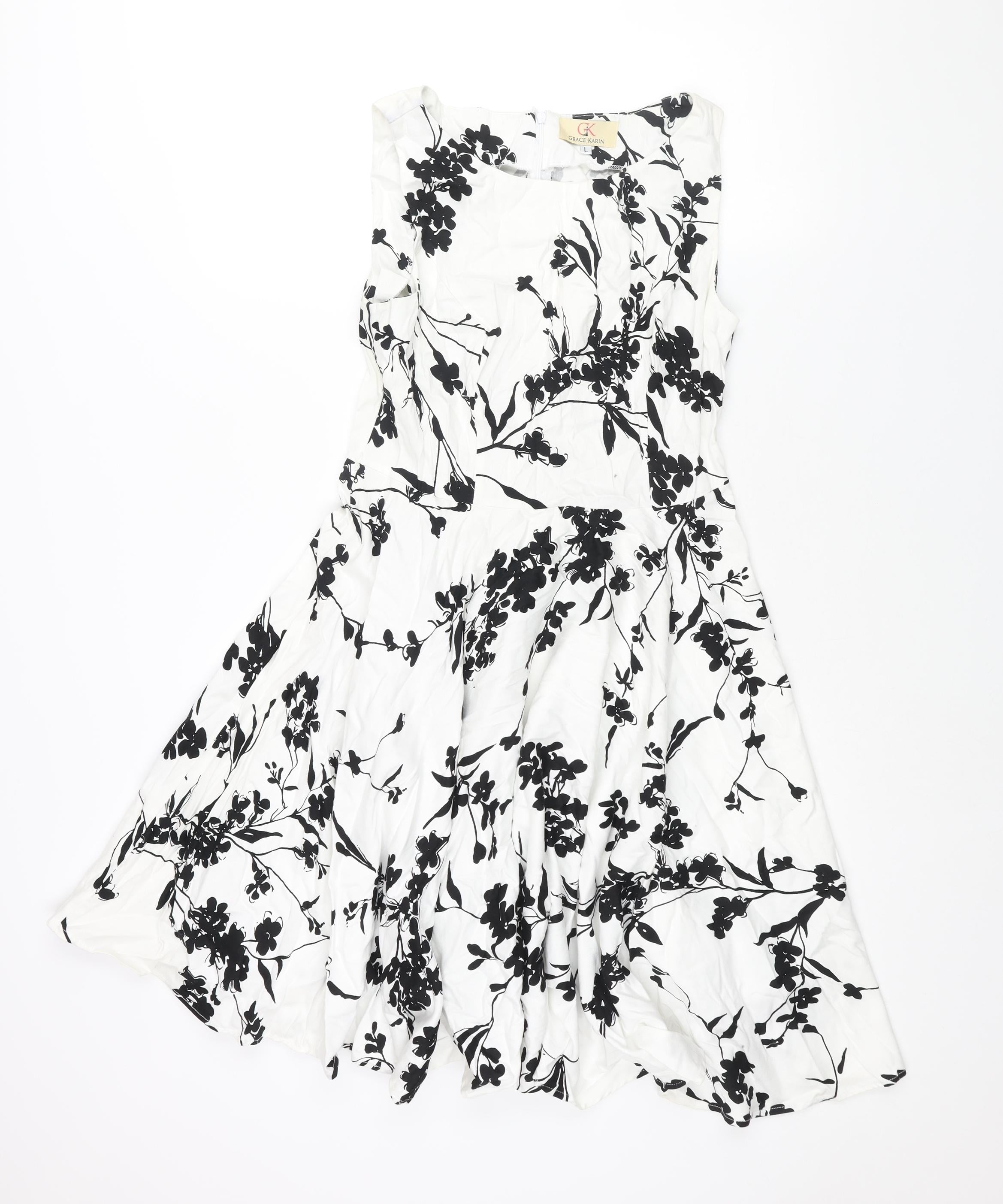 Grace Clarin Womens Fit & Flare Dress Size L UK '' White Floral Knee Length - reverse view