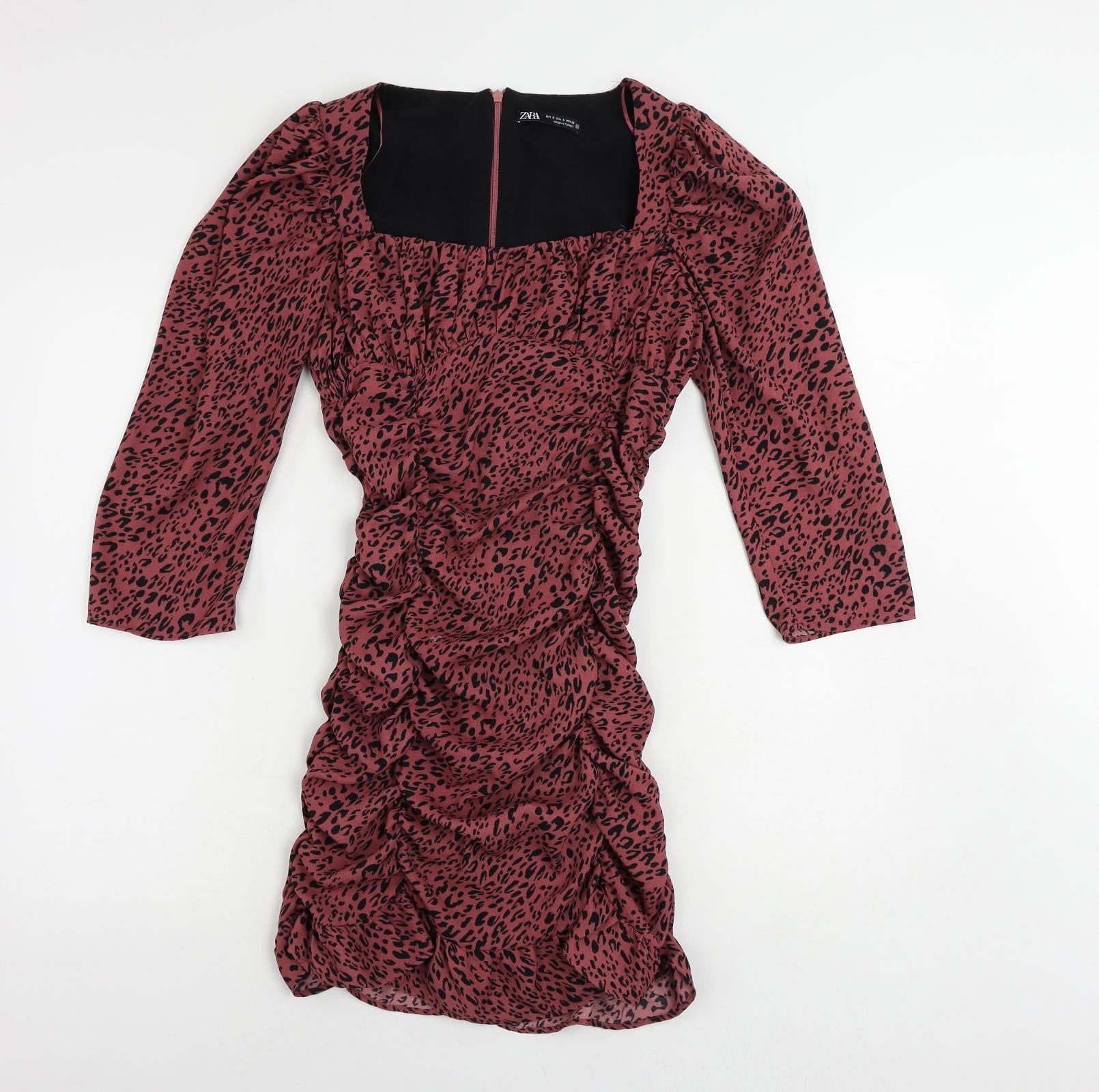 Zara Womens Bodycon Dress Size S UK '' Pink Animal Print Knee Length Square Neck - reverse view