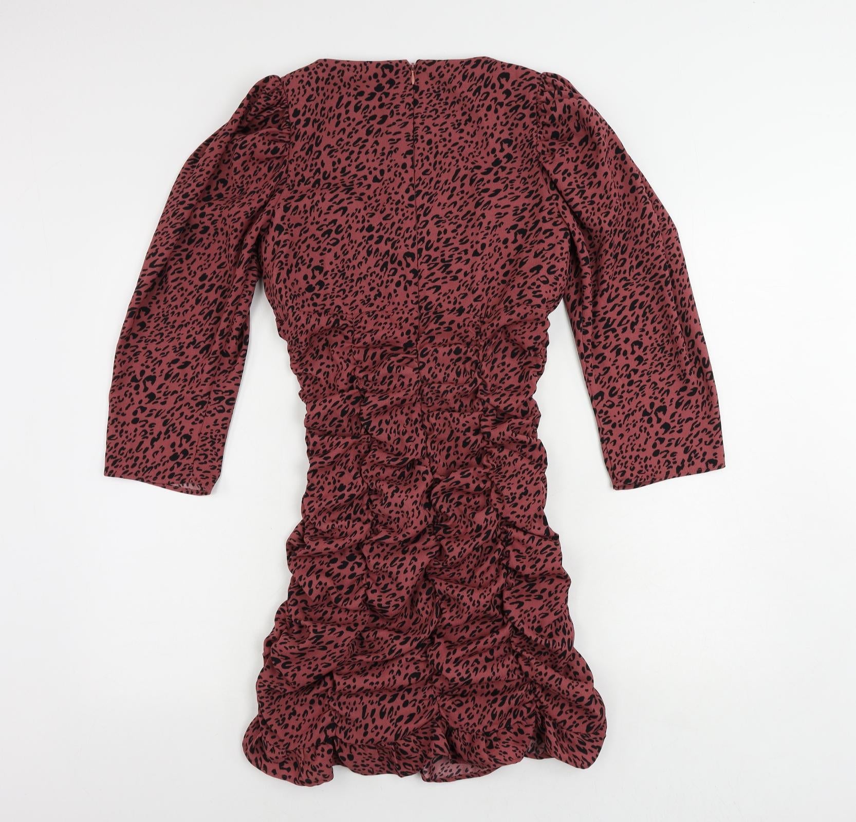 Zara Womens Bodycon Dress Size S UK '' Pink Animal Print Knee Length Square Neck - label detail