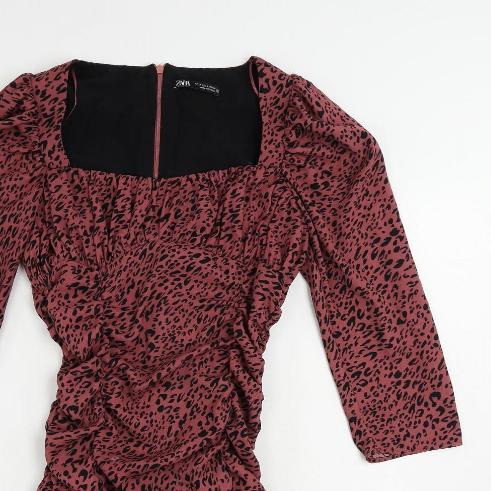 Zara Womens Bodycon Dress Size S UK '' Pink Animal Print Knee Length Square Neck - close detail