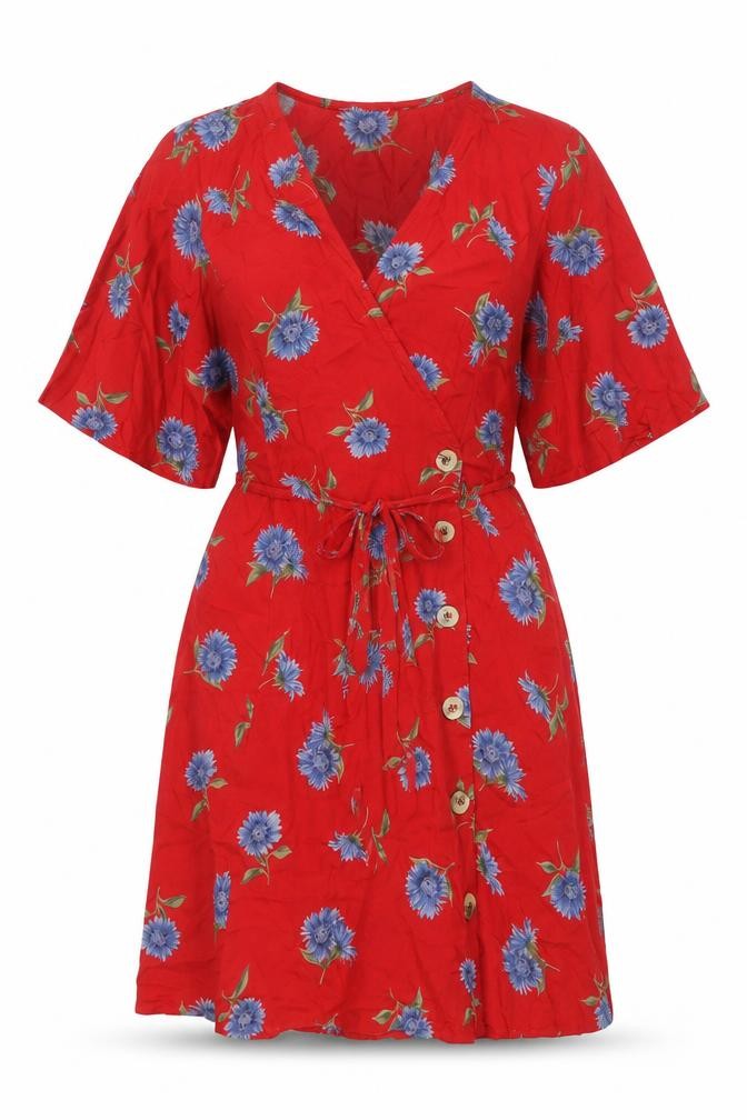 ASOS Womens Wrap Dress Size 10 UK '' Red Floral Short V-Neck Belted Short Sleeve - front view