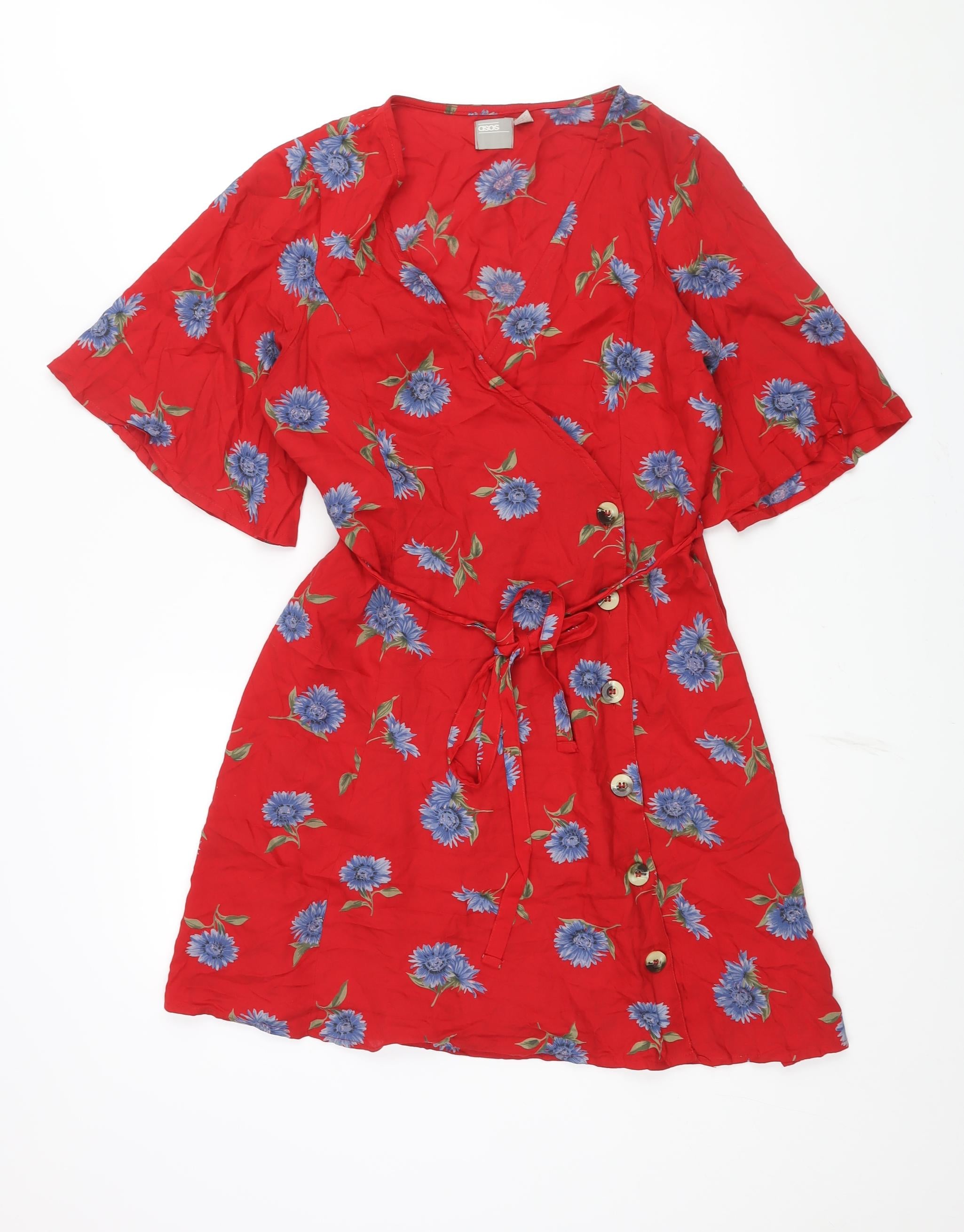 ASOS Womens Wrap Dress Size 10 UK '' Red Floral Short V-Neck Belted Short Sleeve - reverse view