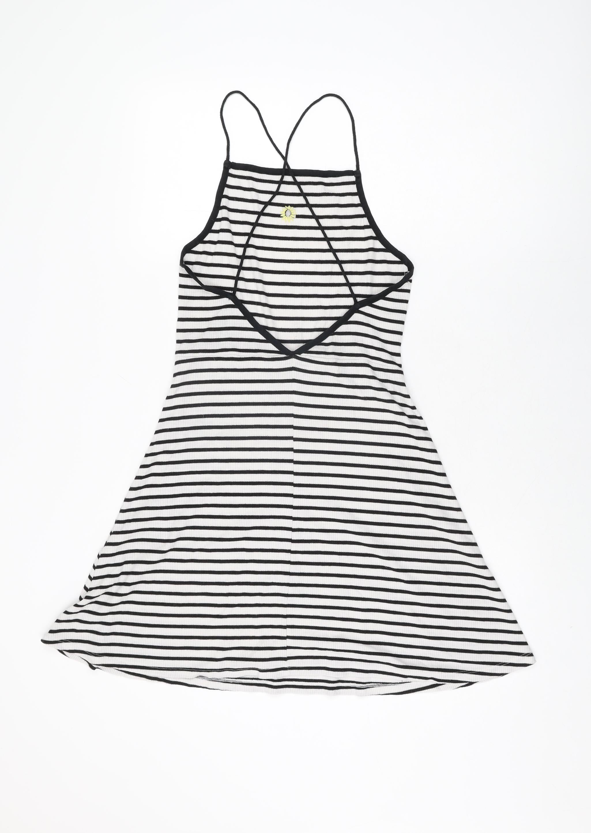 Womens Topshop Size 12 UK '' Mini Dress White Striped Short Square Neck - label detail