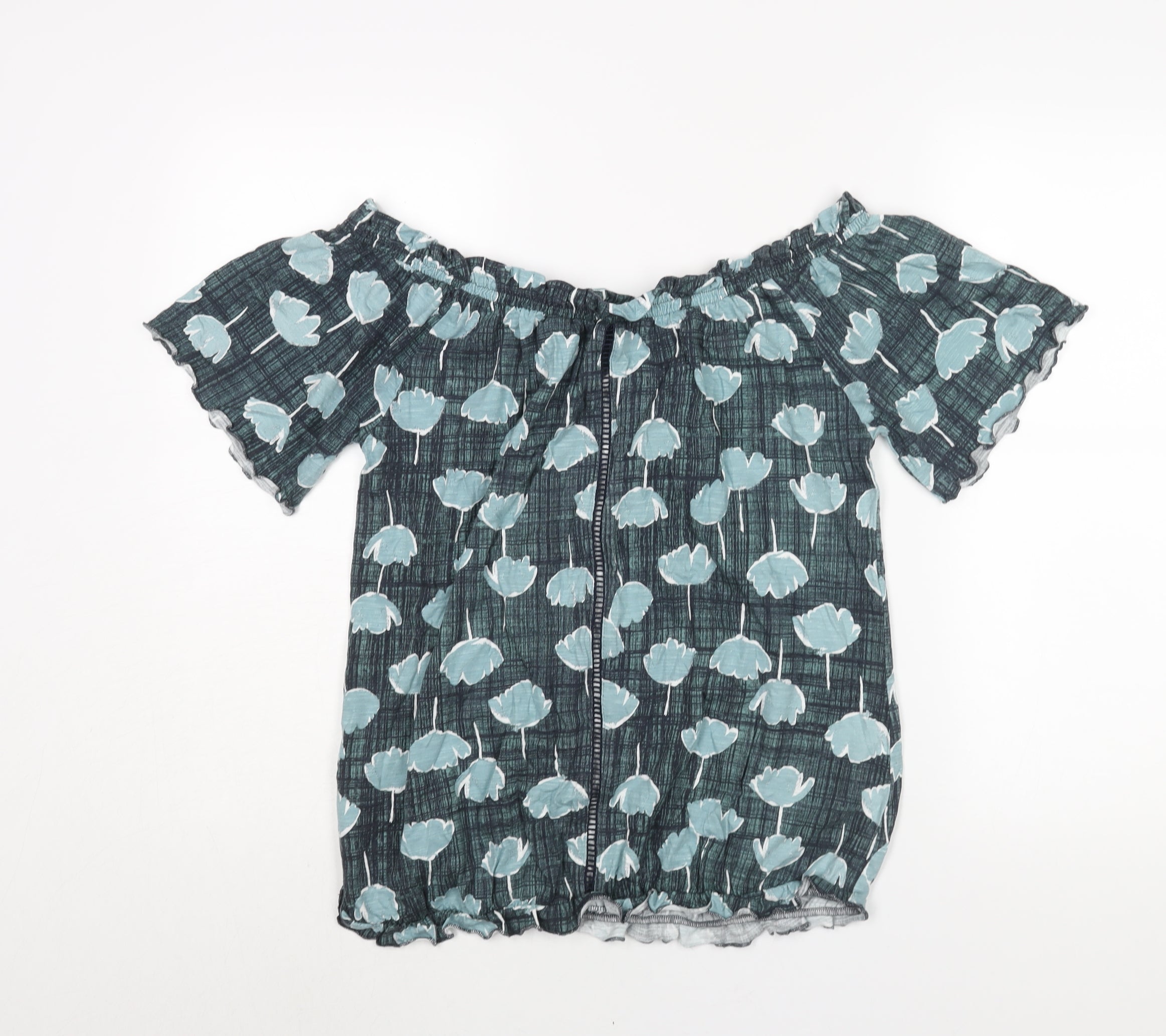 NEXT Womens Basic Blouse Size 14 UK '' Blue Geometric Boat Neck Short Sleeve - label detail