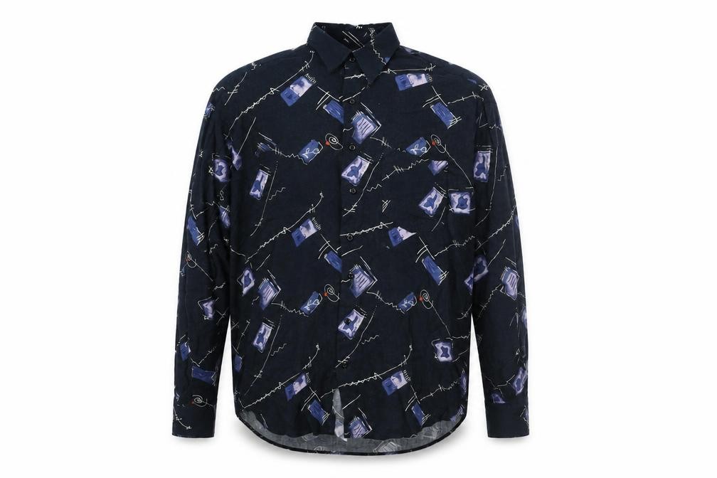 Mens Le Frog Size L UK '' Button-Up Blue Geometric Collared Long Sleeve - front view