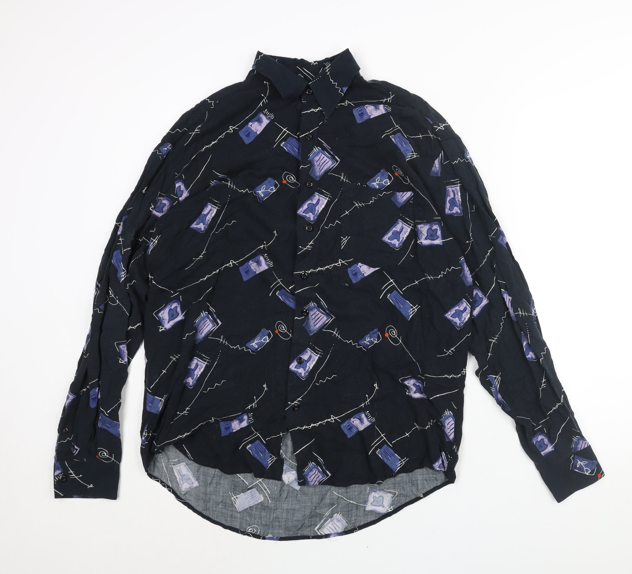 Mens Le Frog Size L UK '' Button-Up Blue Geometric Collared Long Sleeve - reverse view