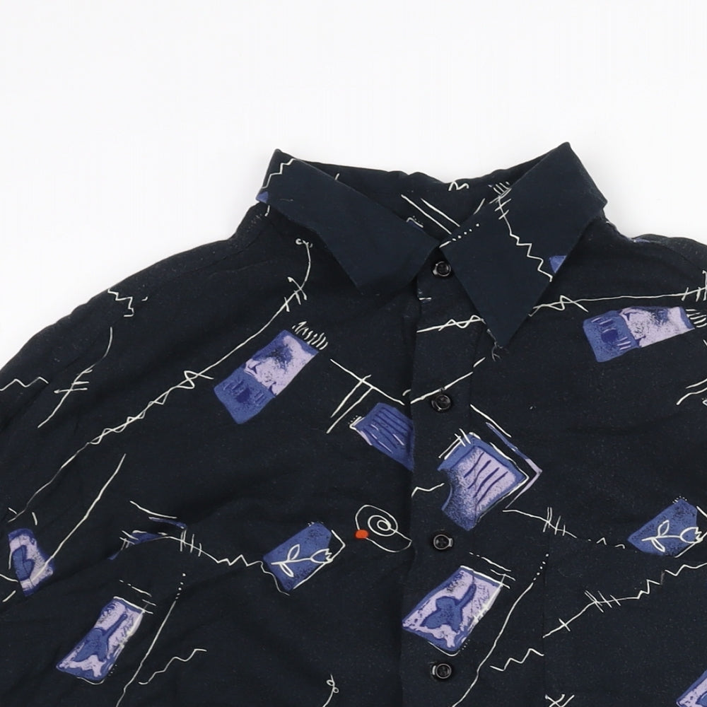 Mens Le Frog Size L UK '' Button-Up Blue Geometric Collared Long Sleeve - close detail
