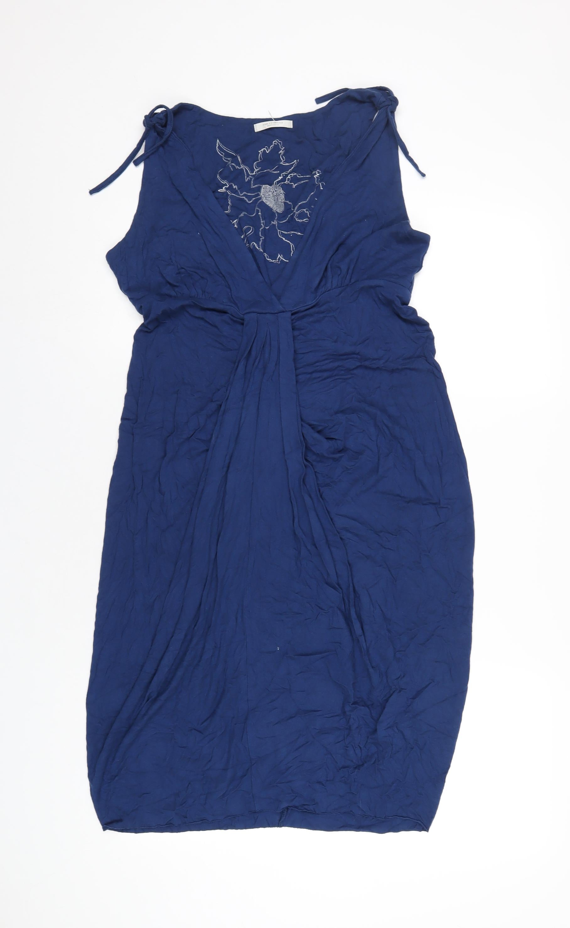 Womens Full Circle Size M UK '' A-Line Dress Blue Midi V-Neck Sleeveless - reverse view