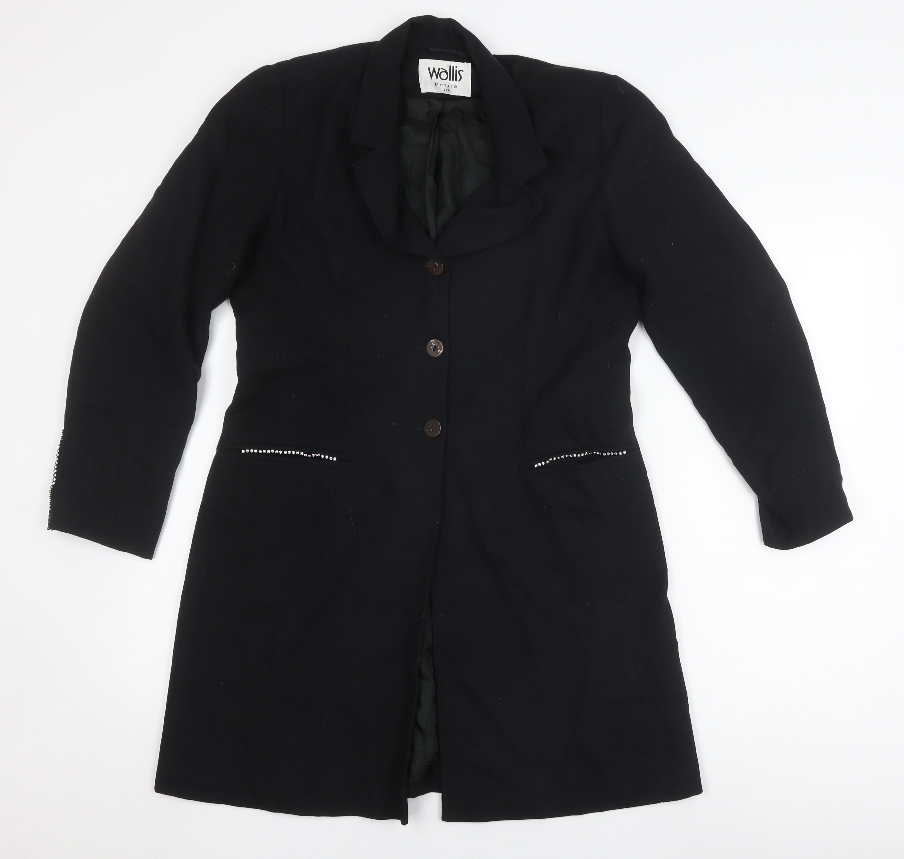 Wallis Womens Overcoat Size 10 Black Long Long Sleeve Business Lined Button - reverse view