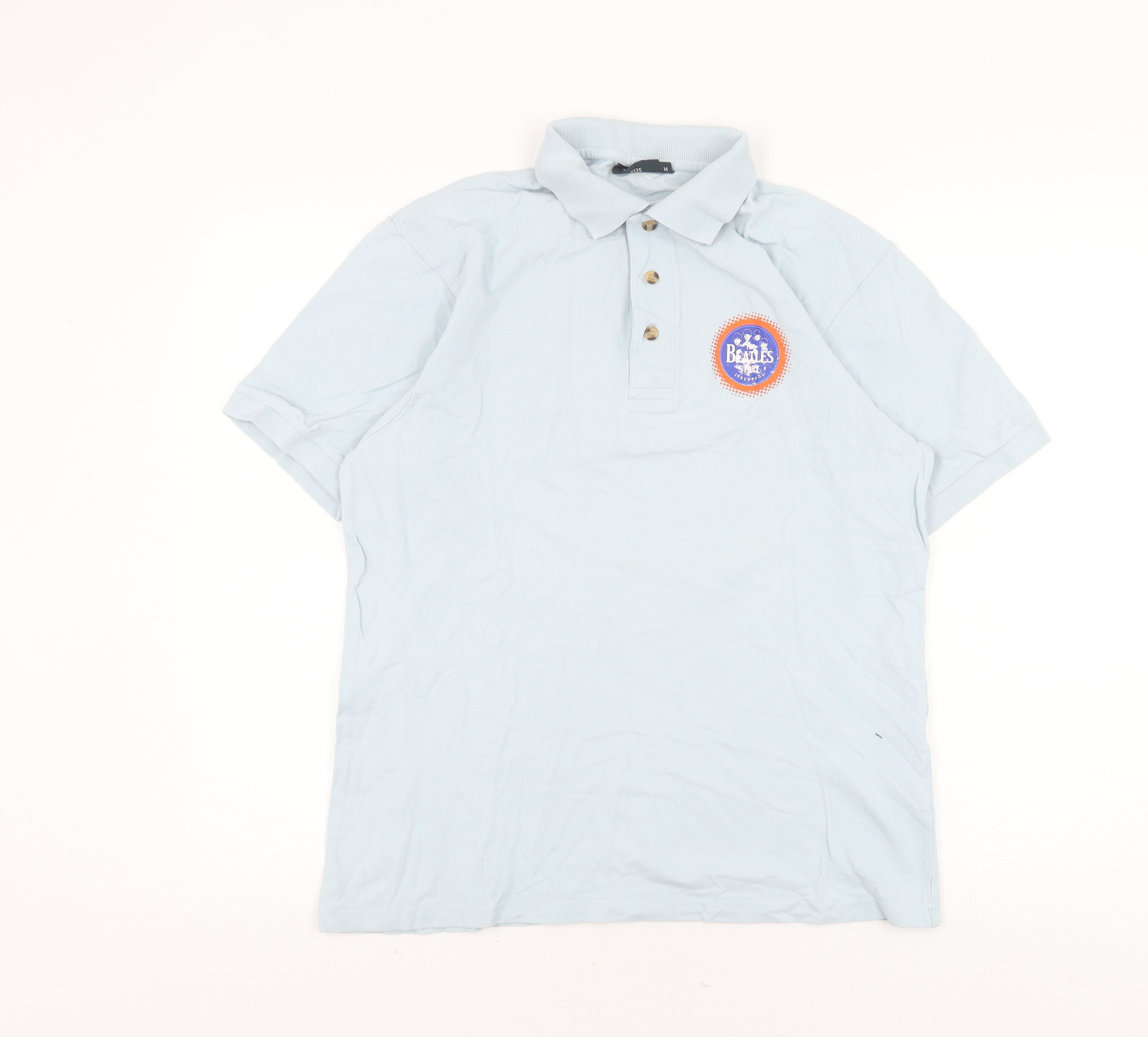 Hanes Mens Polo Size M Blue Graphic Print Collared Short Sleeve Casual Logo - reverse view