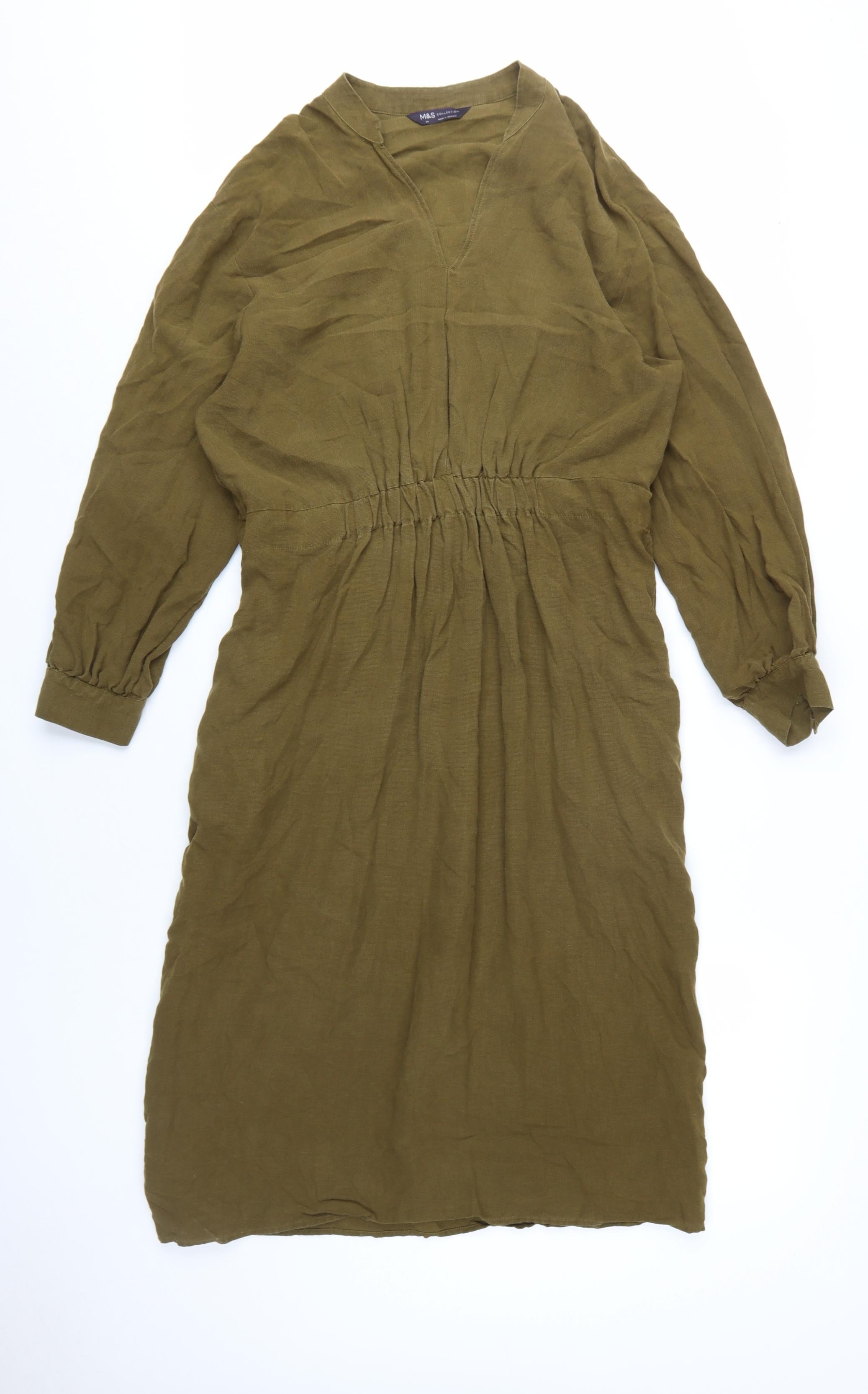 Marks & Spencer Womens Sheath Dress Size 14 Green Knee Length V-Neck Long Sleeve - reverse view