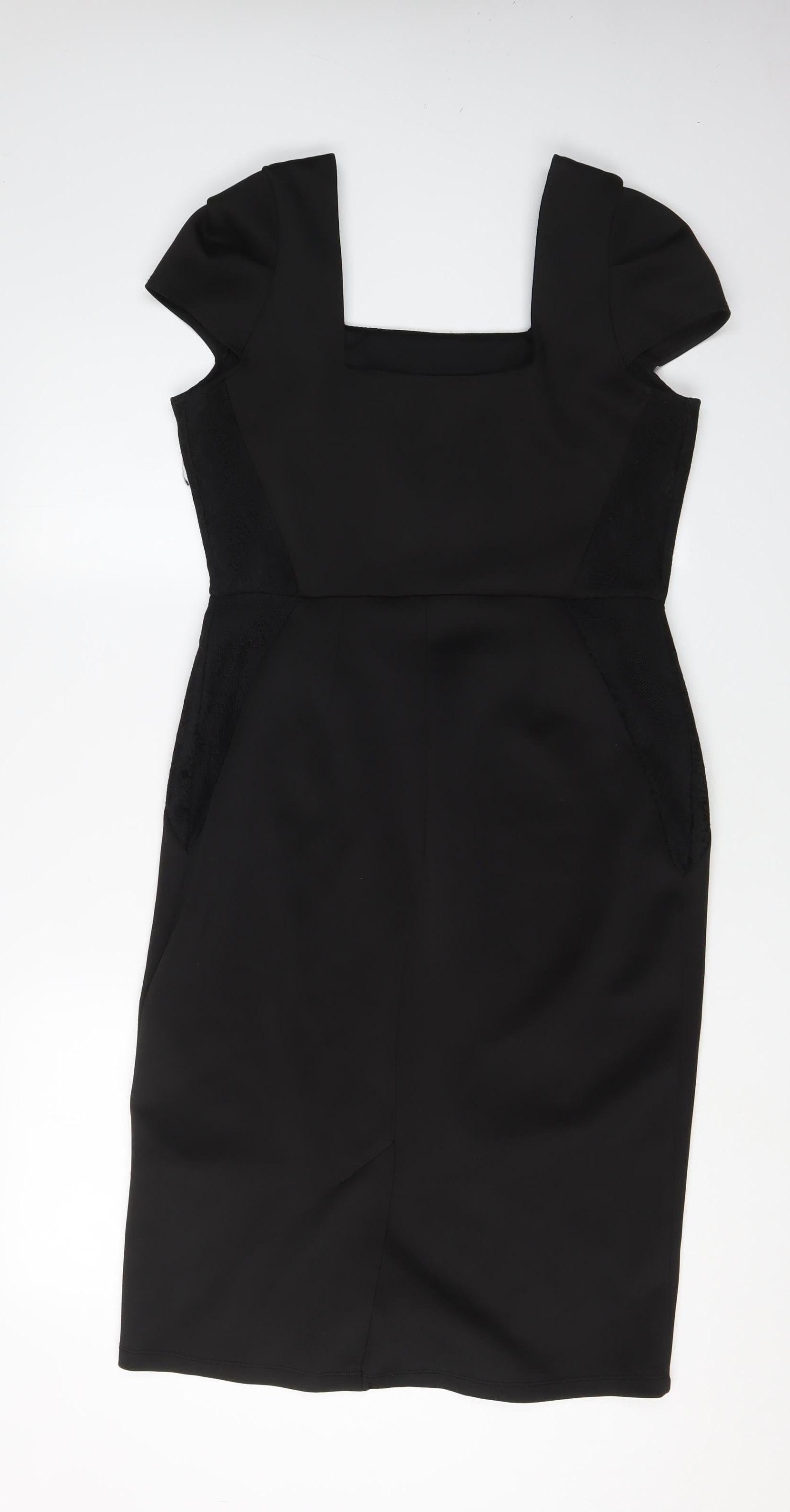 Dorothy Perkins Womens Pencil Dress Size 14 Black Knee Length Square Neck Ruffle - label detail