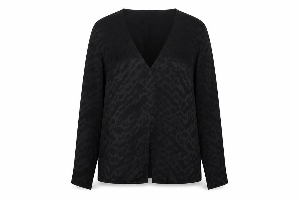 French Connection Womens Basic Blouse Size 14 Black Animal Print V-Neck - front view