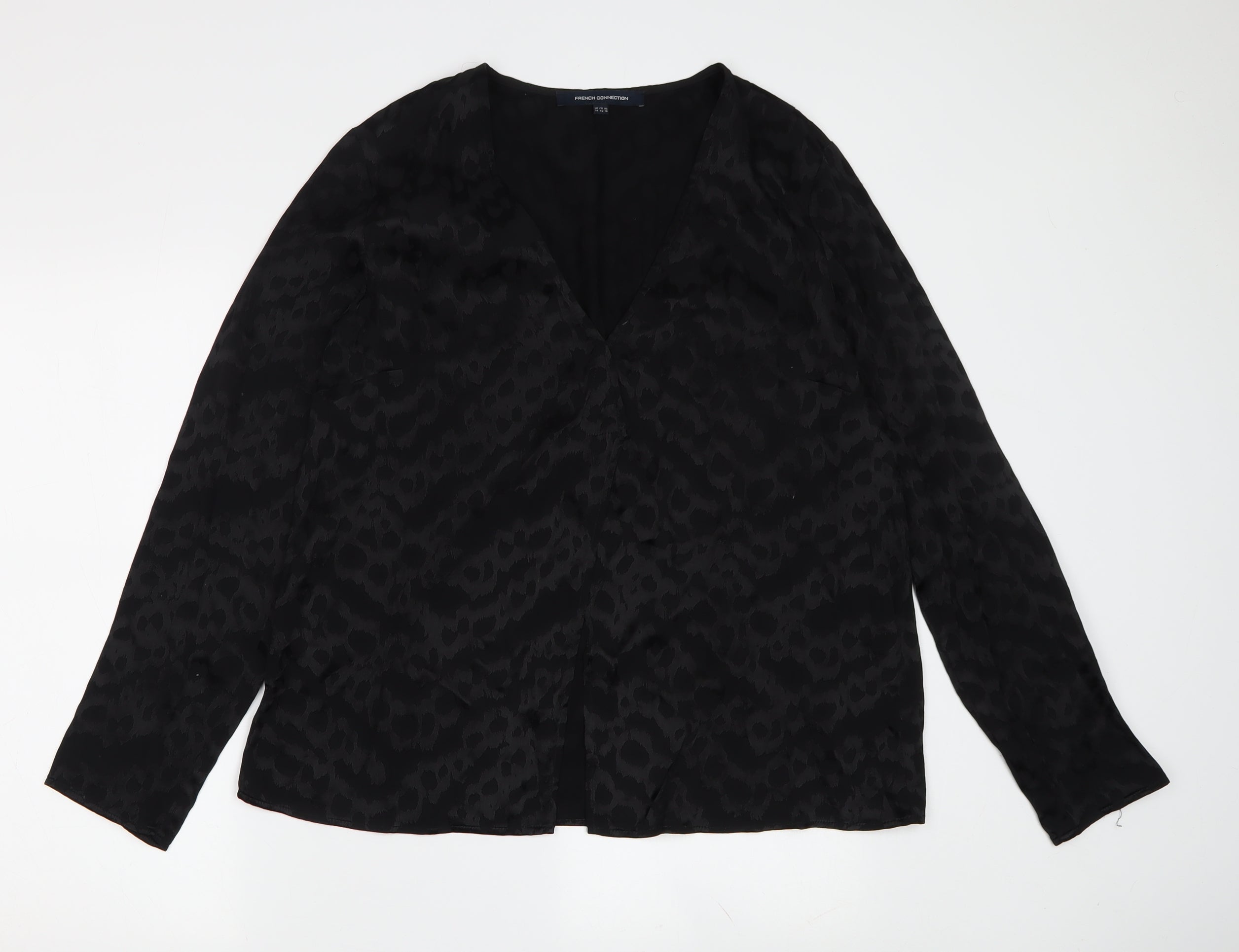French Connection Womens Basic Blouse Size 14 Black Animal Print V-Neck - reverse view