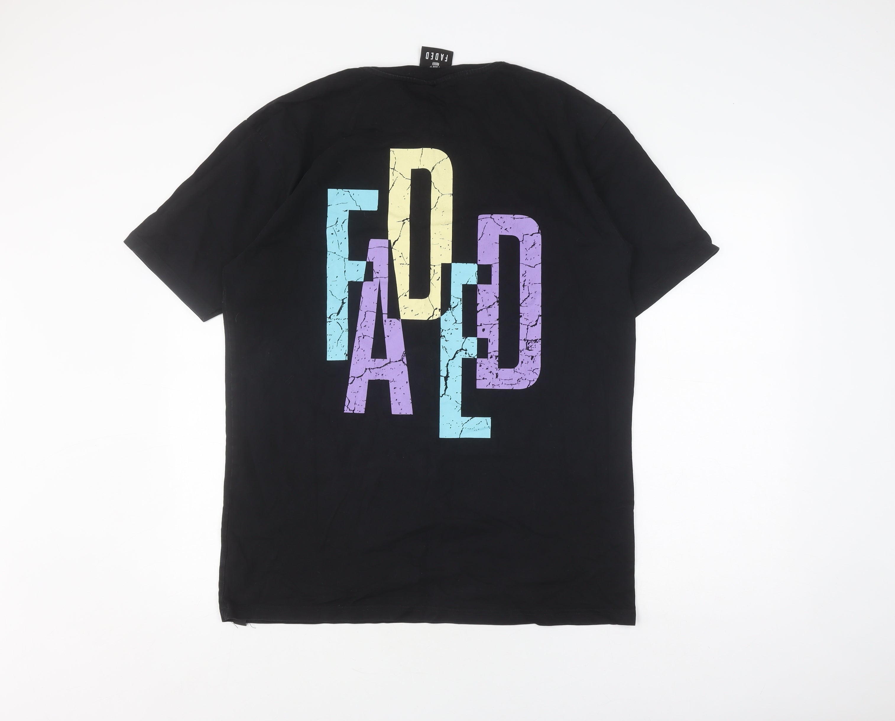 Faded Mens T-Shirt Size L Black Graphic Print Crew Neck Short Sleeve - label detail
