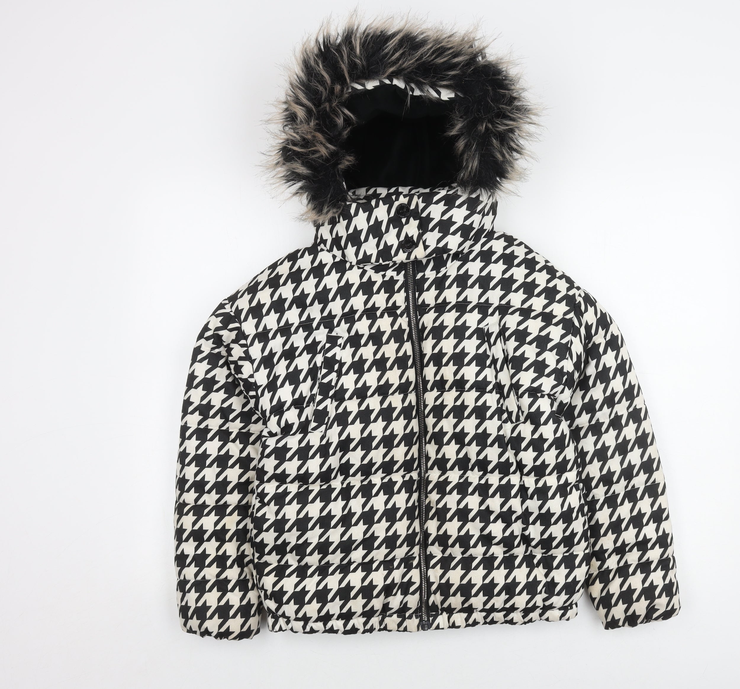 Girls NEXT Size 11 Years Puffer Jacket Multicoloured Houndstooth Short Casual - reverse view