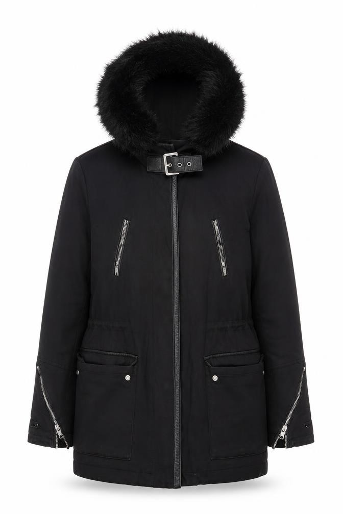 Maje Womens Basic Jacket Coat Size 8 Black Long Sleeve Casual Hooded Fur Trim - front view