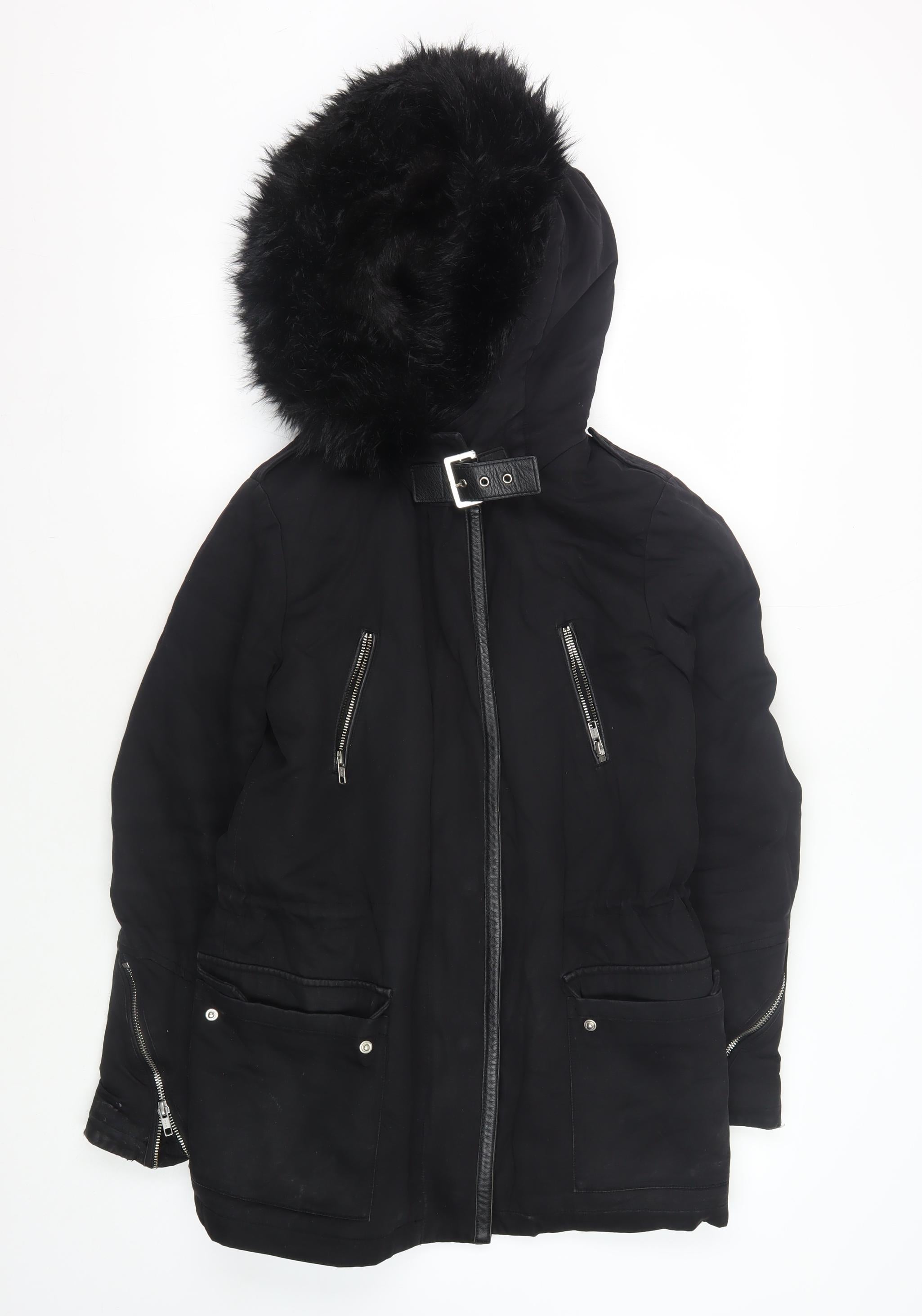 Maje Womens Basic Jacket Coat Size 8 Black Long Sleeve Casual Hooded Fur Trim - reverse view