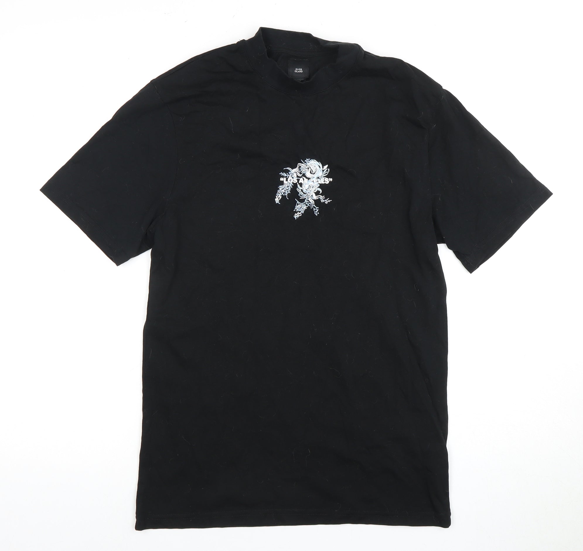 River Island Mens T-Shirt Size S Black Solid Crew Neck Short Sleeve Embroidered - reverse view