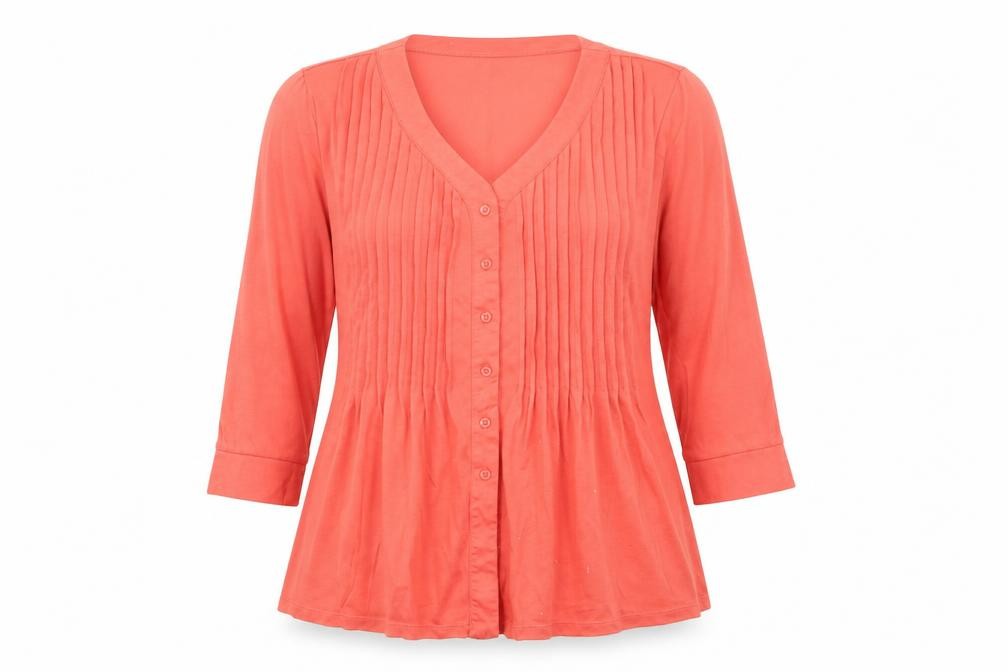 Cotton Traders Womens Blouse Size 12 Orange Solid V-Neck 3/4 Sleeve Button-Up - front view