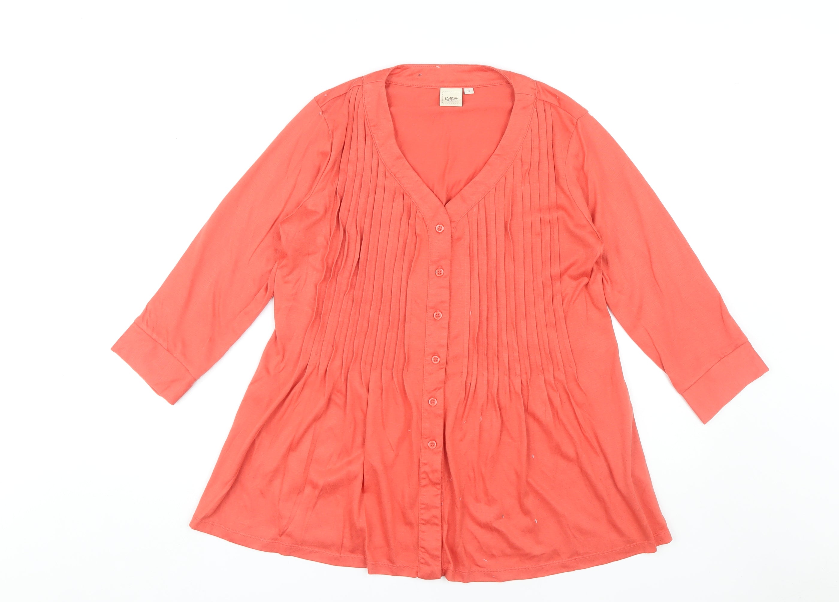 Cotton Traders Womens Blouse Size 12 Orange Solid V-Neck 3/4 Sleeve Button-Up - reverse view