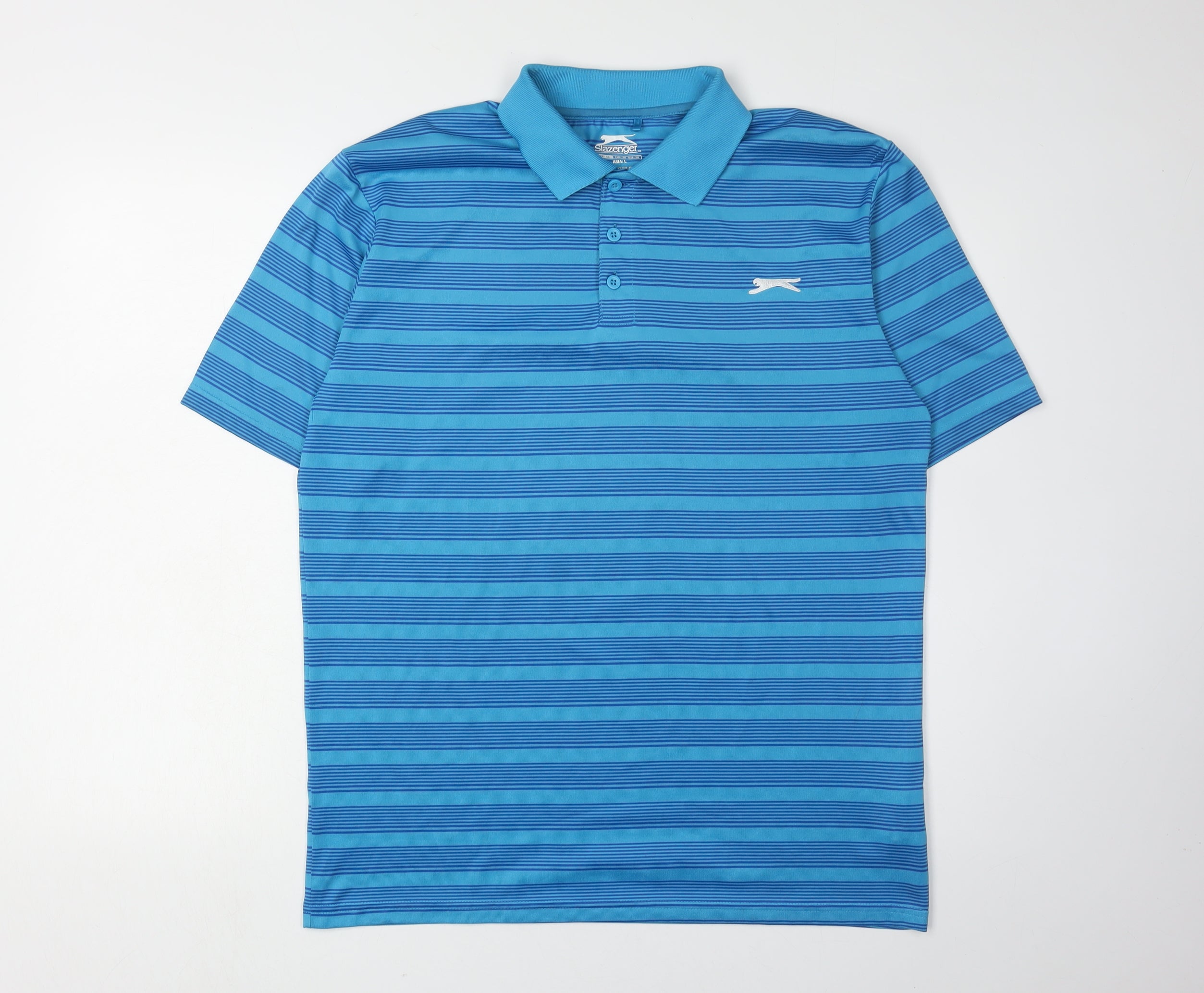 Slazenger Mens Polo Size M Blue Striped Collared Short Sleeve Casual - reverse view