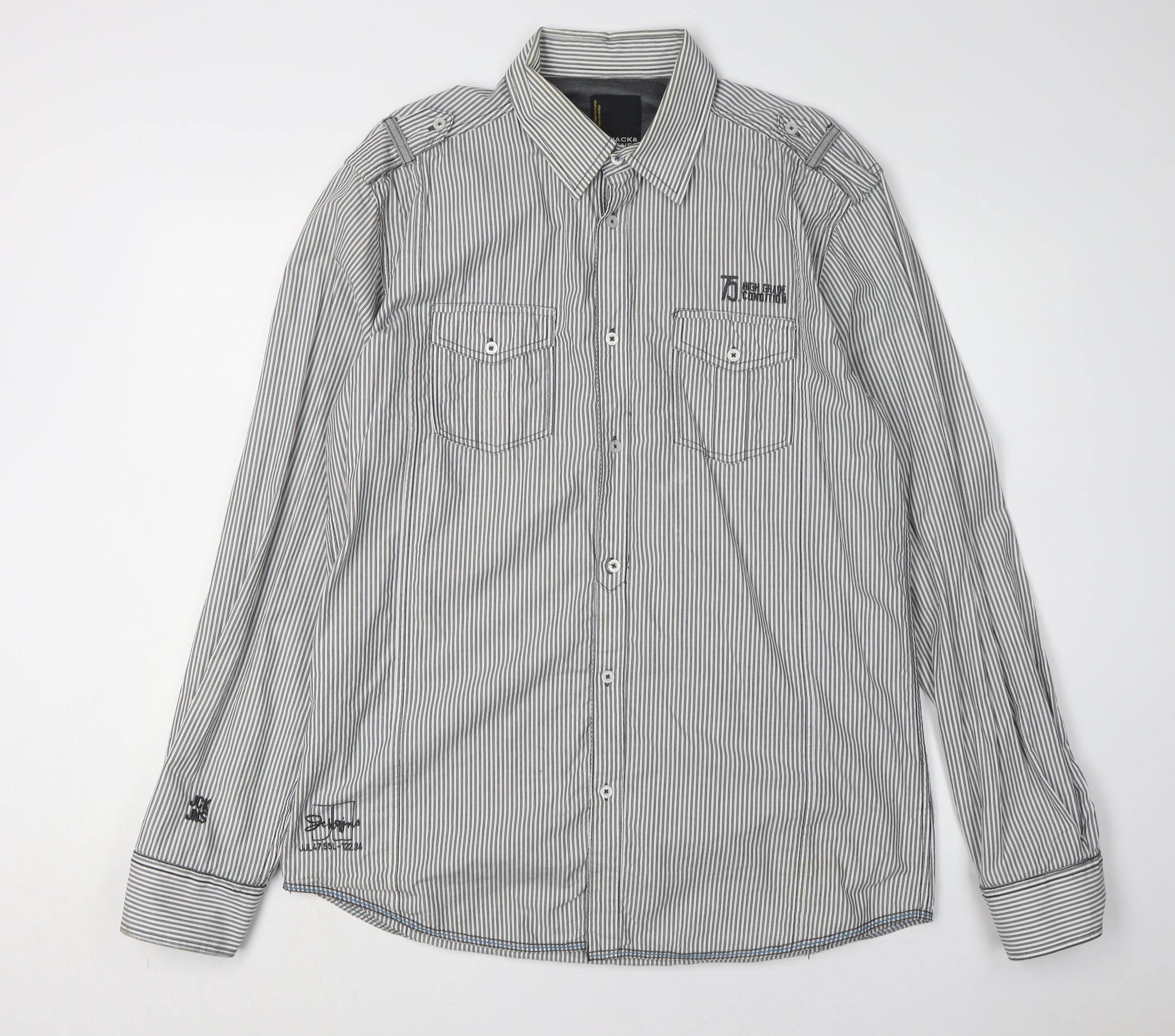JACK & JONES Mens Button-Up Size XL Black Striped Collared Long Sleeve Casual - reverse view