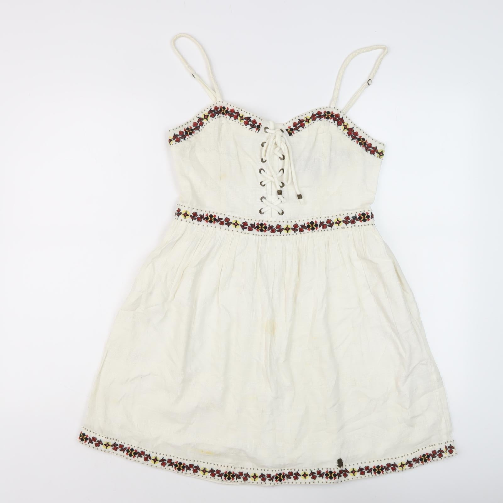 Womens Superdry Size 8 Slip Dress Ivory Short Sweetheart Sleeveless Casual Lined - reverse view