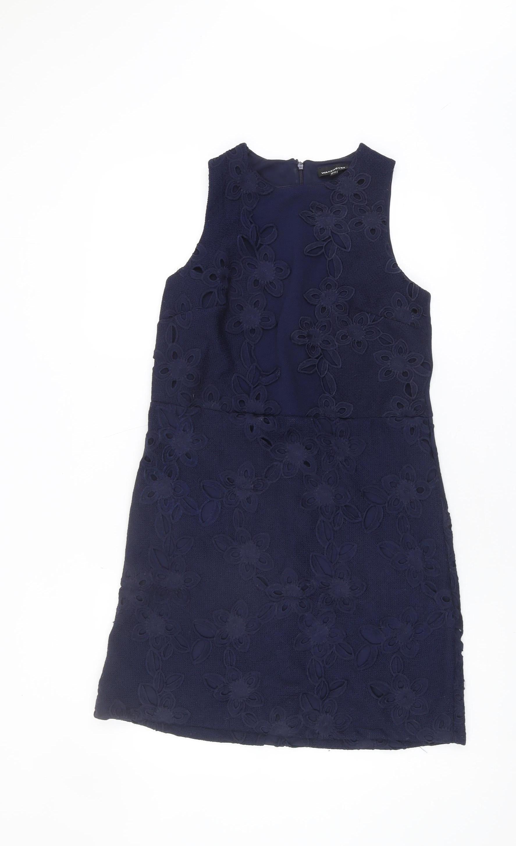 Warehouse Womens Tank Dress Size 8 Blue Floral Knee Length Round Neck Sleeveless - reverse view