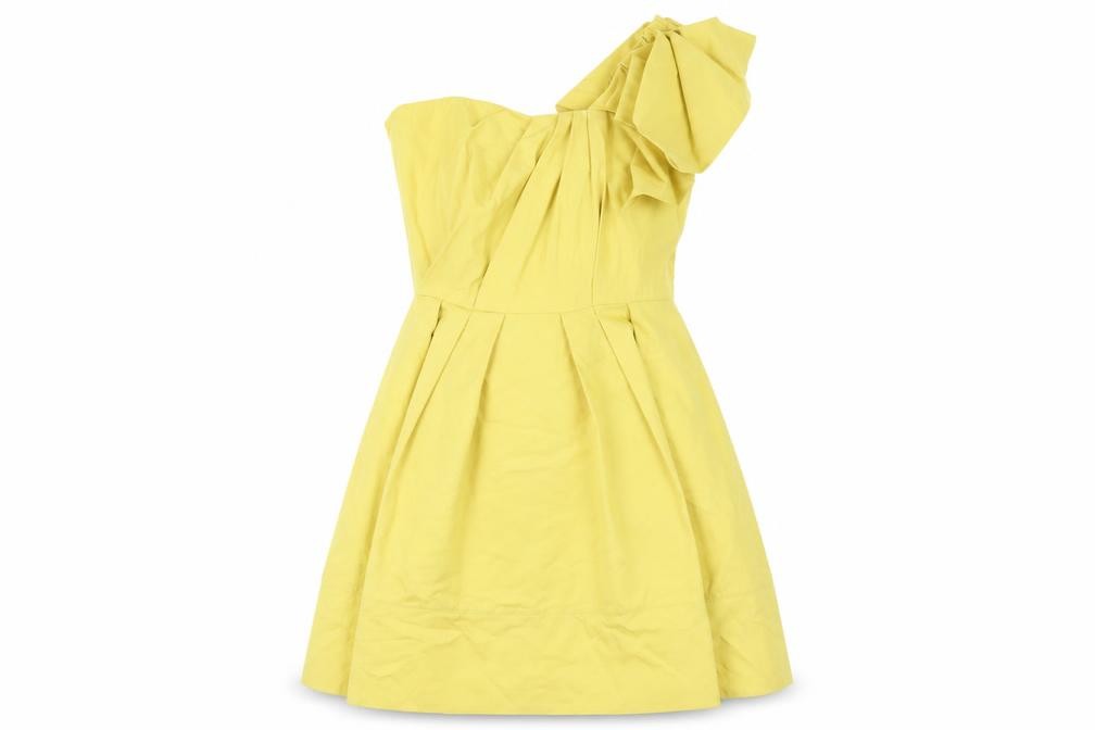 Womens ASOS Size 10 A-Line Dress Yellow Knee Length One Shoulder Sleeveless Bow - front view
