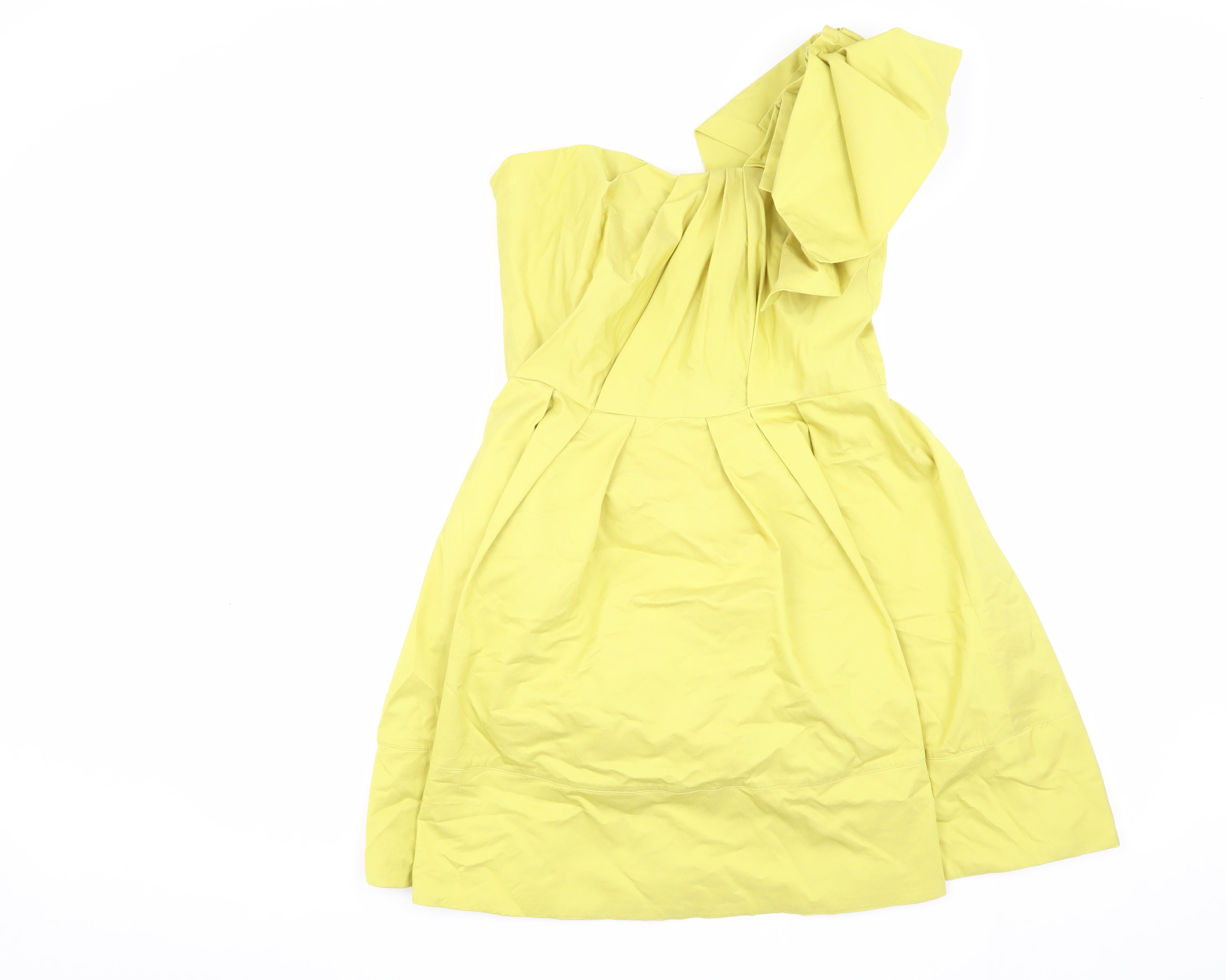 Womens ASOS Size 10 A-Line Dress Yellow Knee Length One Shoulder Sleeveless Bow - reverse view