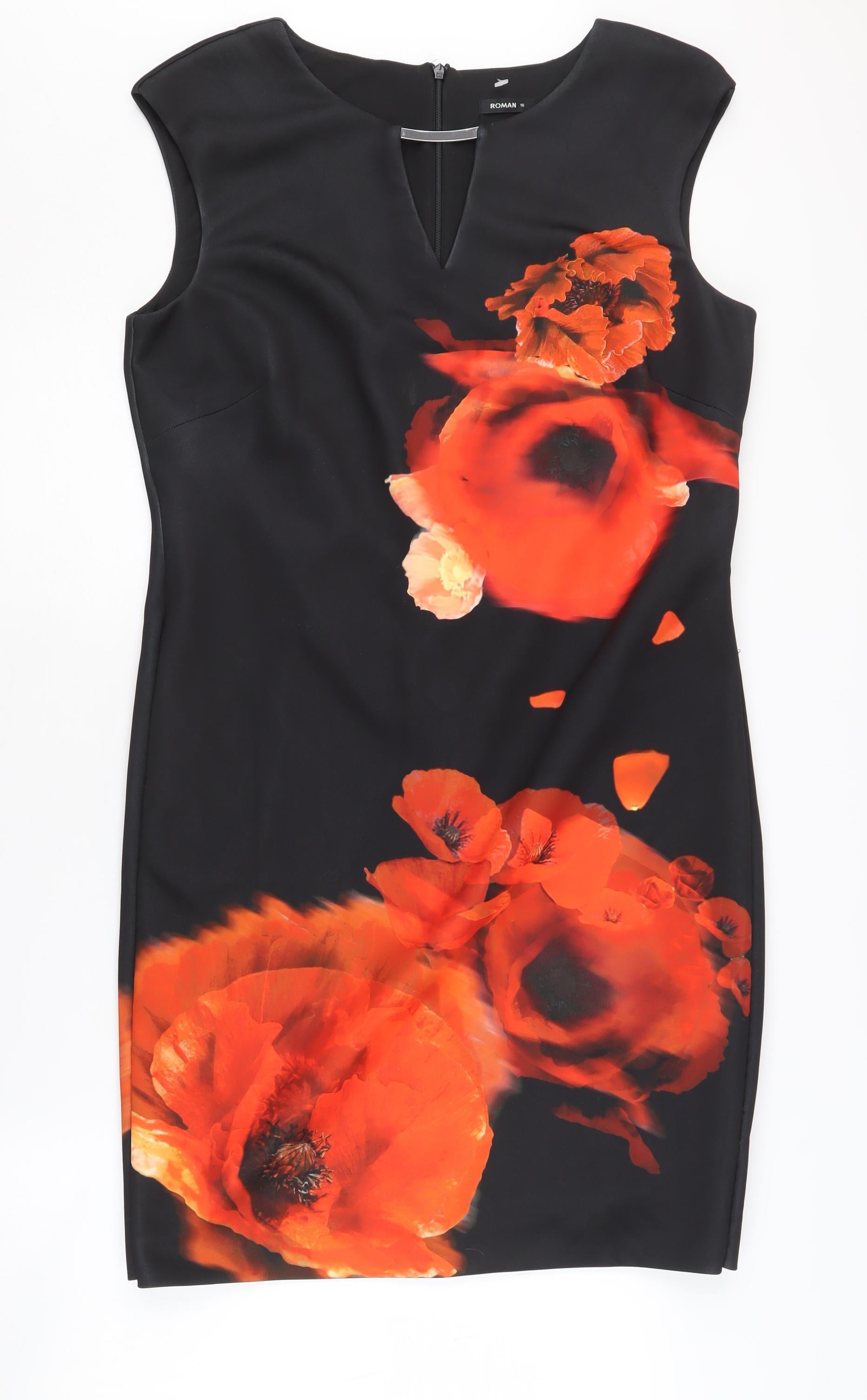 Roman Womens Sheath Dress Size 16 Black Floral Knee Length V-Neck Sleeveless - reverse view