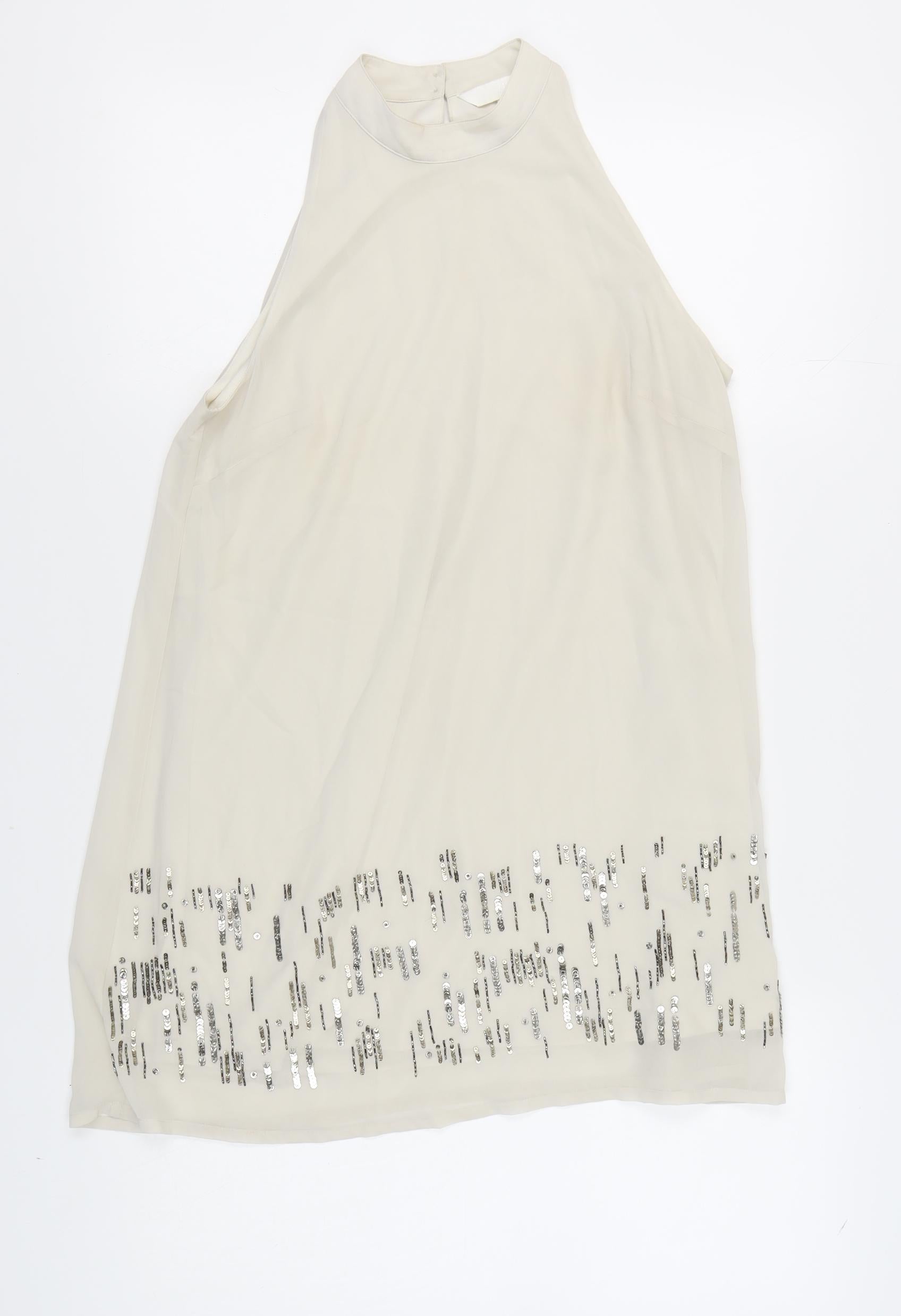 Womens H&M Size 12 A-Line Dress Ivory Midi High Neck Sleeveless Party/Cocktail - reverse view