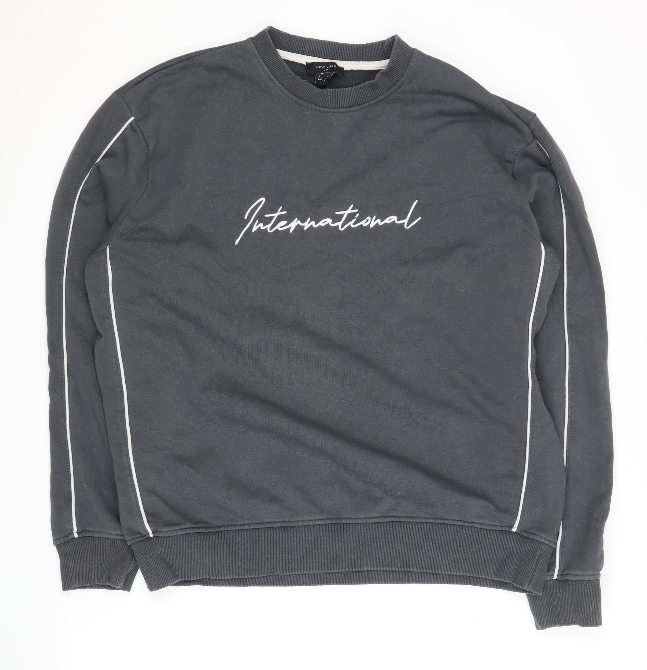 Mens New Look Size L Pullover Sweatshirt Grey Graphic Print Long Sleeve Logo - reverse view