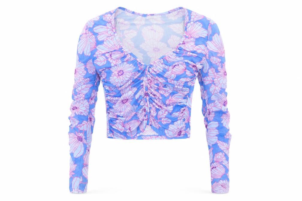 Womens Zara Size S Ringer Blouse Blue Floral V-Neck Long Sleeve Casual - front view