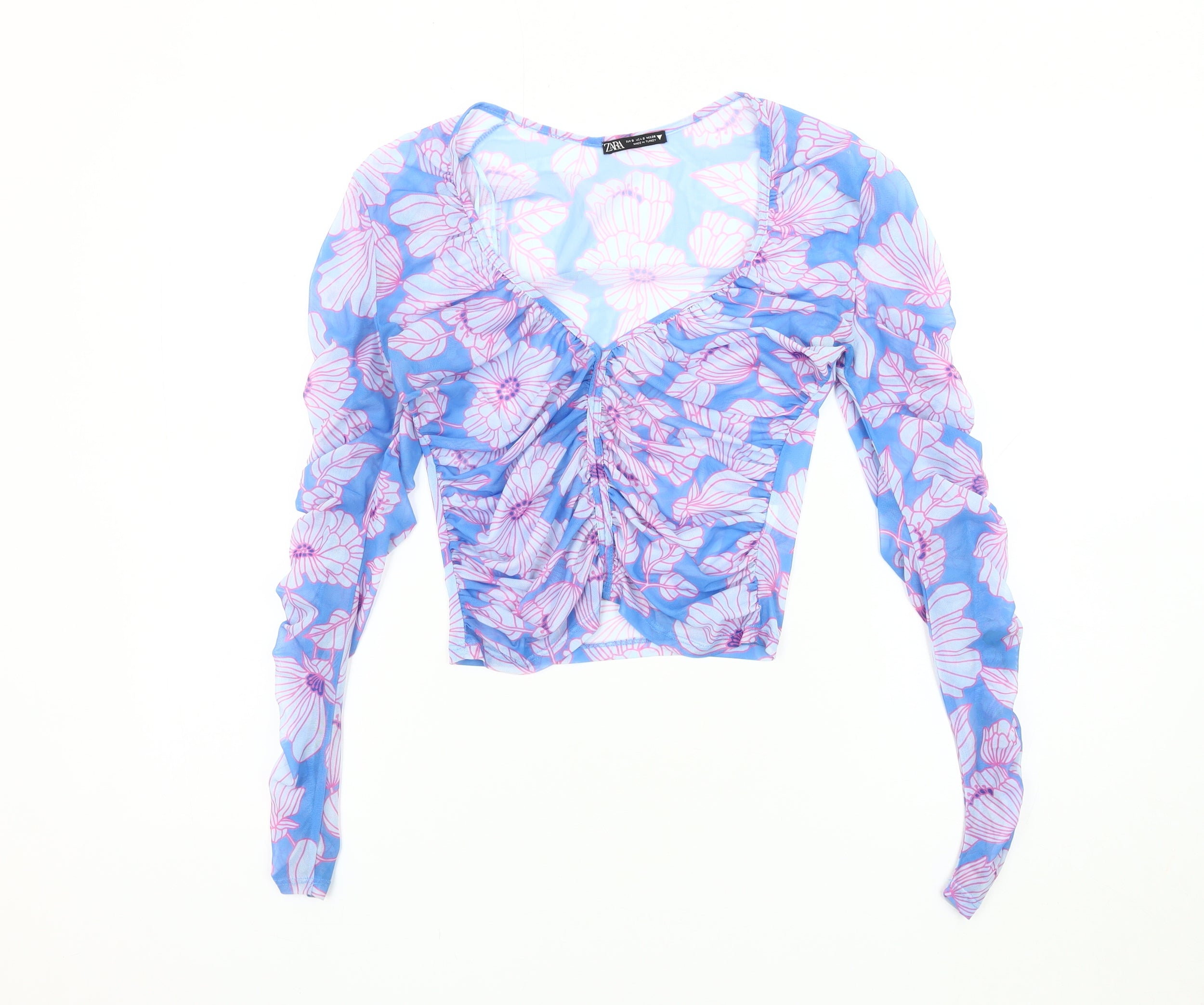 Womens Zara Size S Ringer Blouse Blue Floral V-Neck Long Sleeve Casual - reverse view