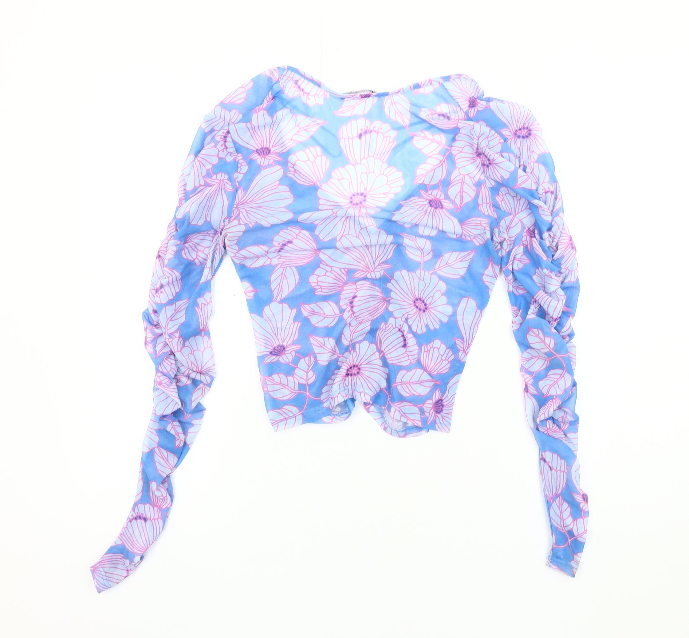 Womens Zara Size S Ringer Blouse Blue Floral V-Neck Long Sleeve Casual - label detail
