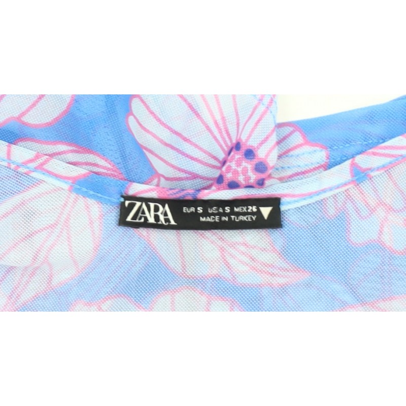 Womens Zara Size S Ringer Blouse Blue Floral V-Neck Long Sleeve Casual - close detail