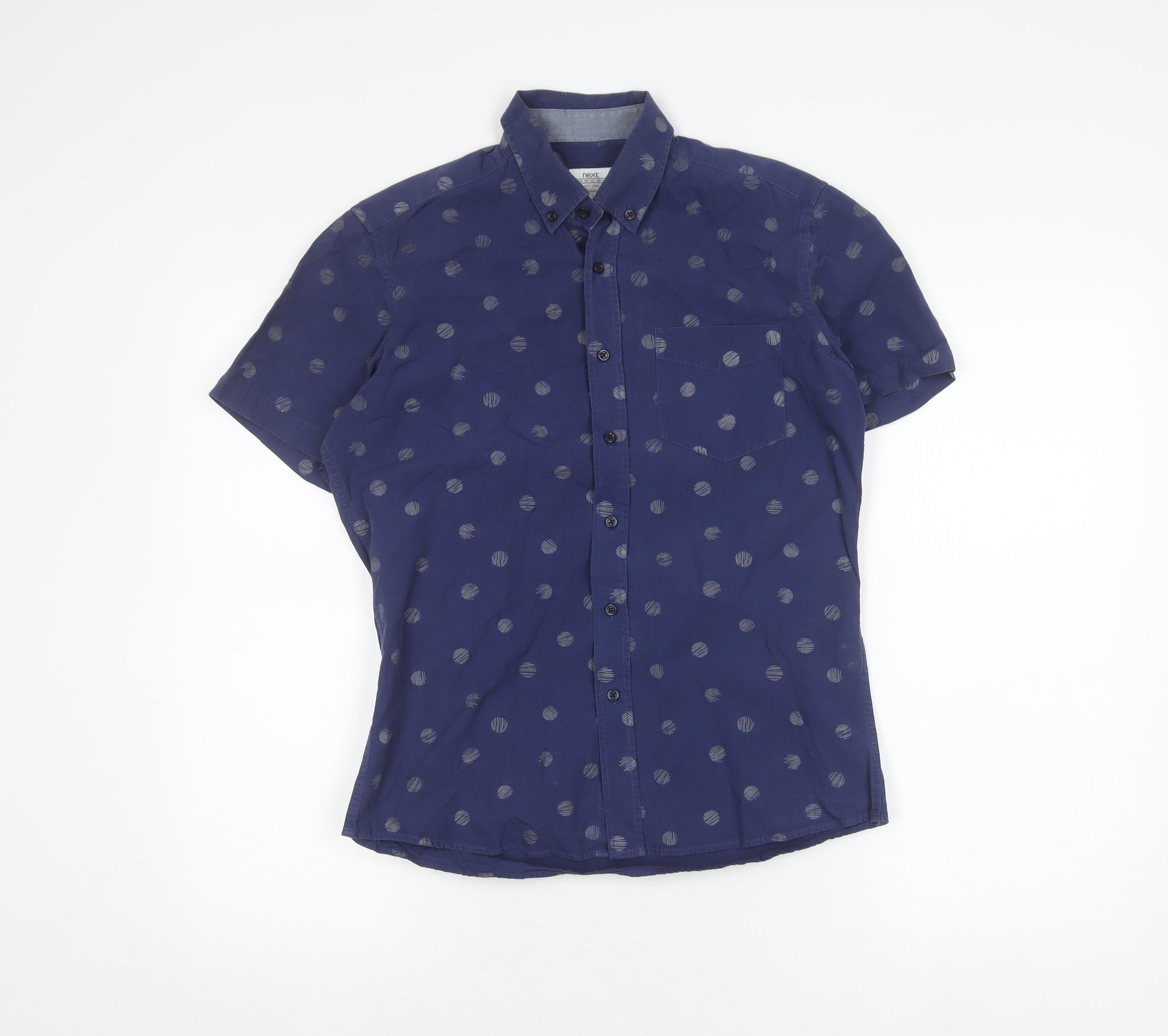 NEXT Boys Basic Button-Up Size S Blue Graphic Print Collared Short Sleeve Casual - reverse view