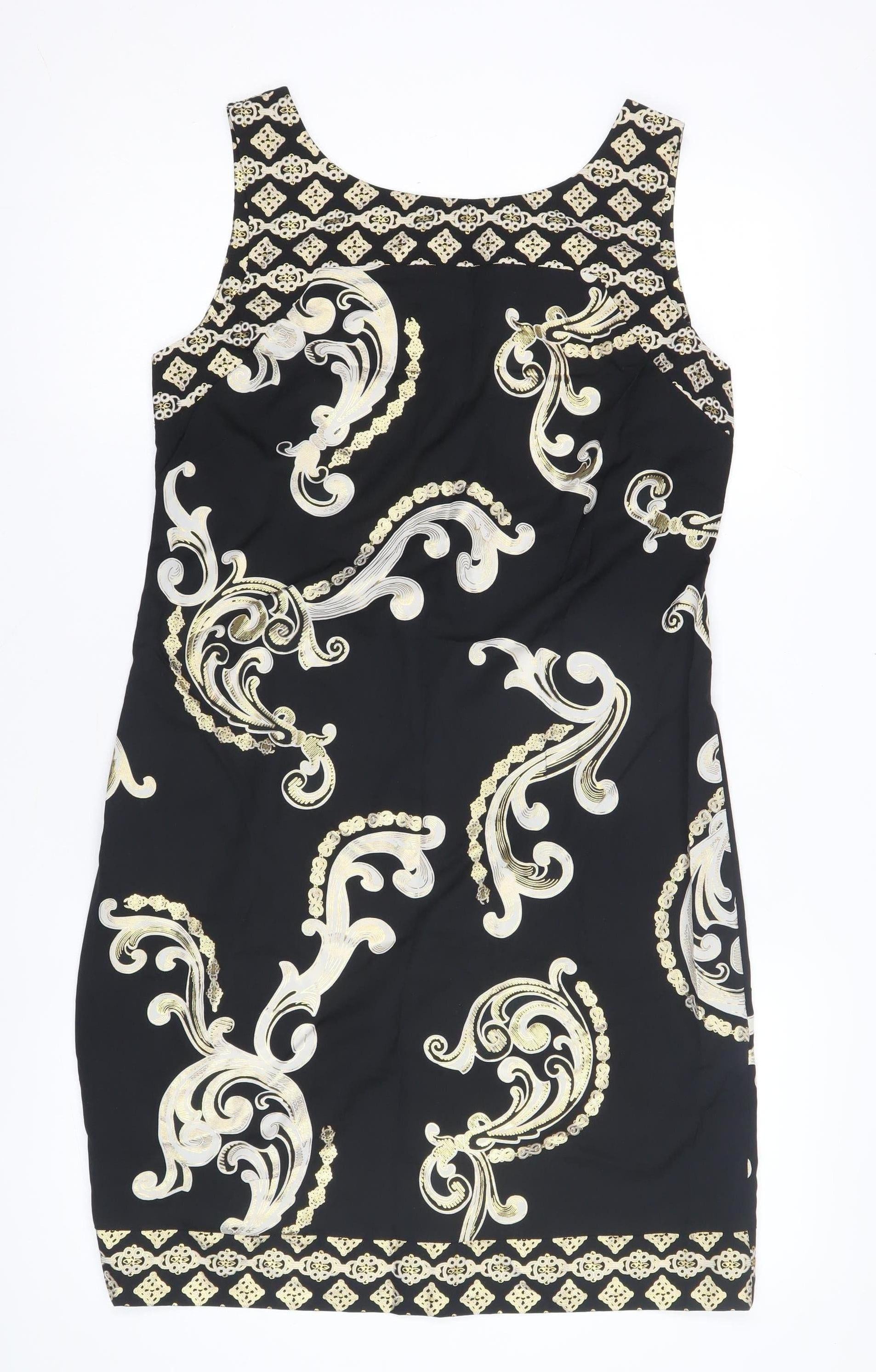 Womens Wallis Size 12 Sheath Dress Black Paisley Knee Length Scoop Neck Formal - reverse view