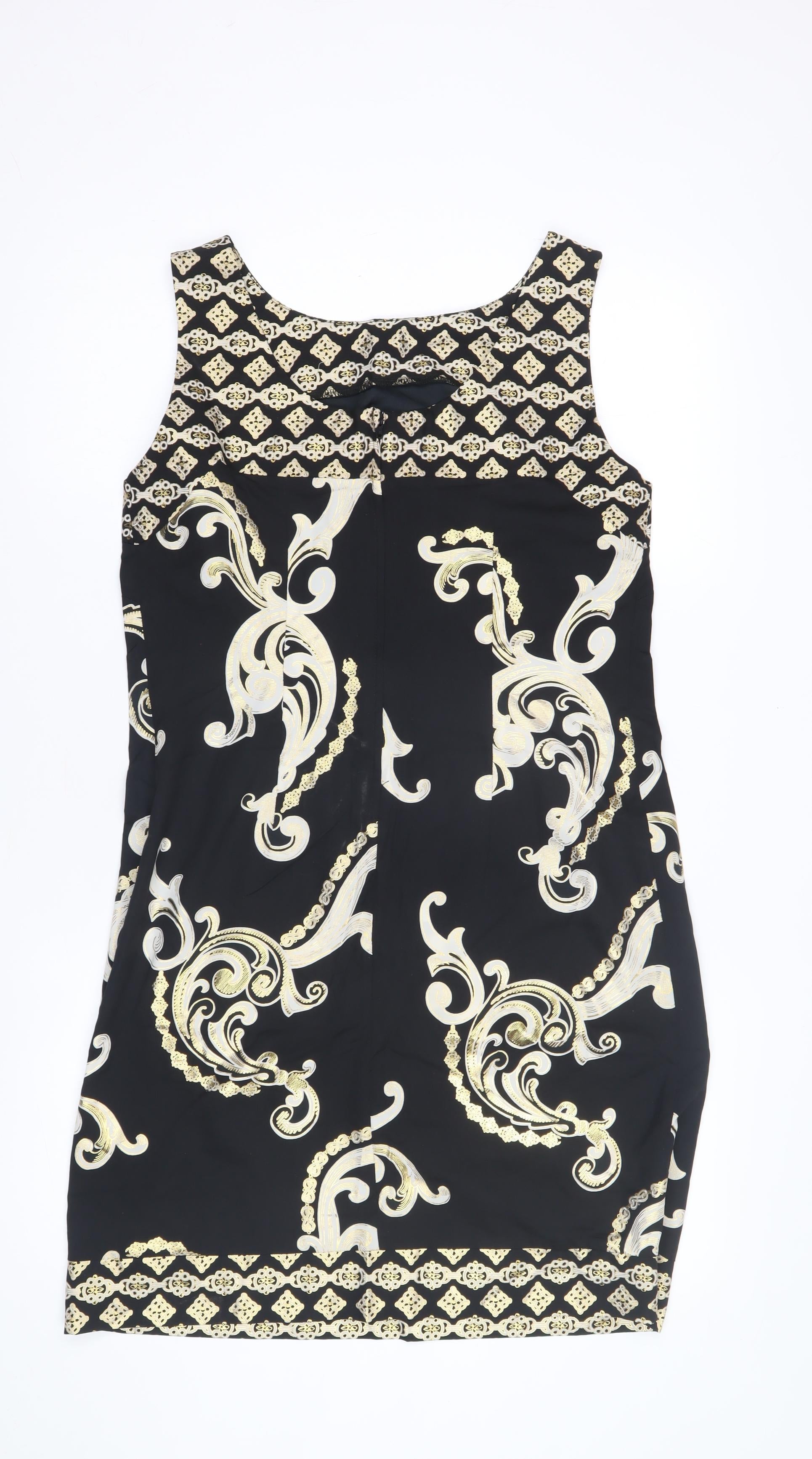 Womens Wallis Size 12 Sheath Dress Black Paisley Knee Length Scoop Neck Formal - label detail